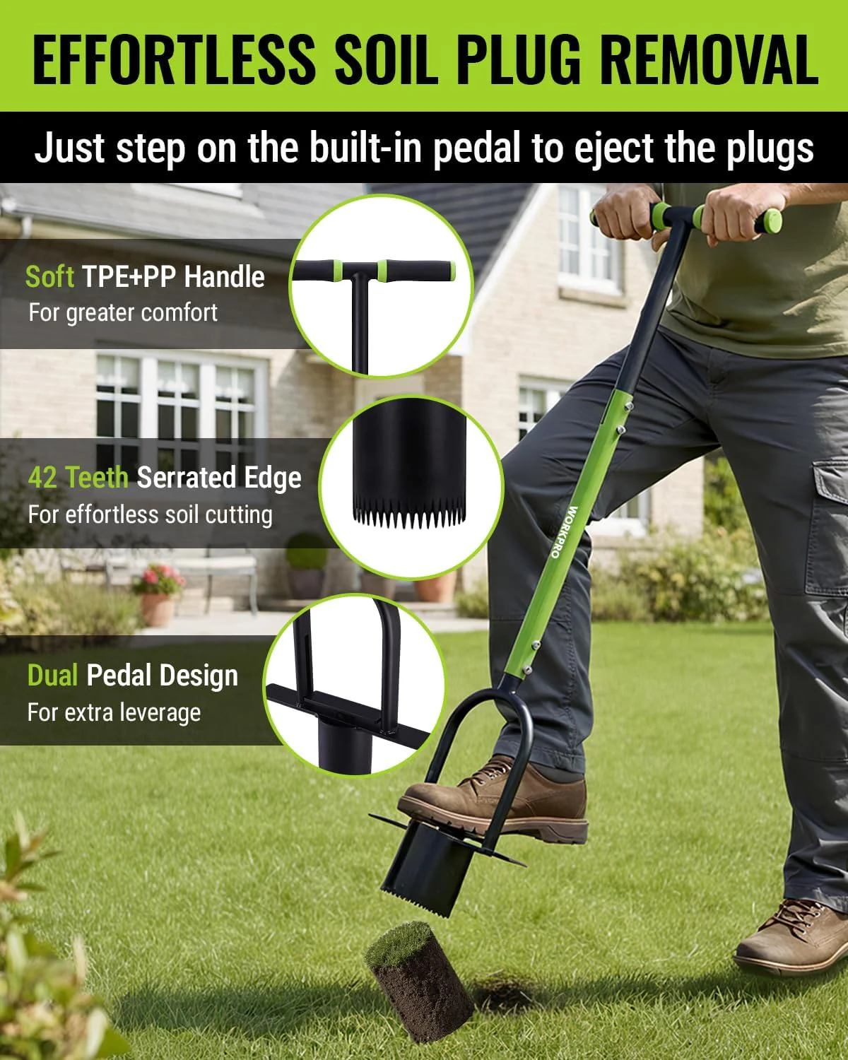 WORKPRO 36" Bulb Planter Tool, Long Handle Sod Plugger, Grass Plugger Tool with Serrated Base, Dual Pedals, Garden Tool for Planting, Transplanting, Weeding, Digging Holes for Tulips, Daffodils - Image 5