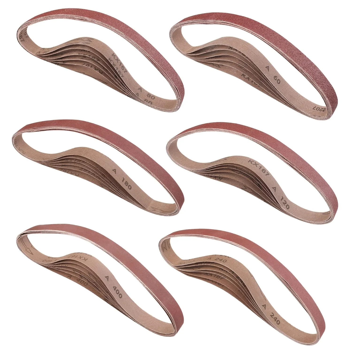 WORKPRO 36 Pack 1 x 30 Inch Sanding Belts, Sandpaper Kit, Aluminum Oxide Abrasive Belts, 6 PCS Each of 60/80/120/180/240/400 Grit, Belt Sander Tools for Woodworking, Metal Polishing, Knife Sharpening
