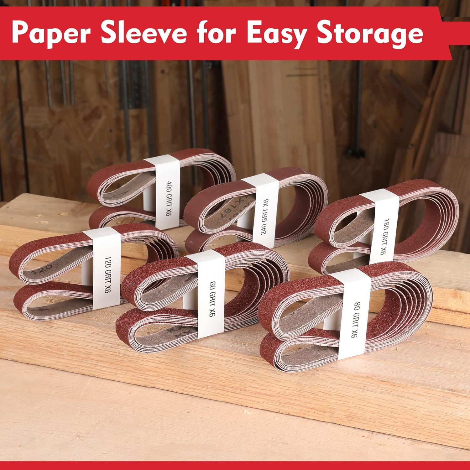 WORKPRO 36 Pack 1 x 30 Inch Sanding Belts, Sandpaper Kit, Aluminum Oxide Abrasive Belts, 6 PCS Each of 60/80/120/180/240/400 Grit, Belt Sander Tools for Woodworking, Metal Polishing, Knife Sharpening - Image 3