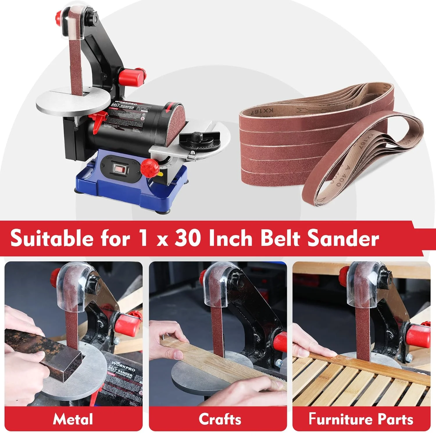 WORKPRO 36 Pack 1 x 30 Inch Sanding Belts, Sandpaper Kit, Aluminum Oxide Abrasive Belts, 6 PCS Each of 60/80/120/180/240/400 Grit, Belt Sander Tools for Woodworking, Metal Polishing, Knife Sharpening - Image 6