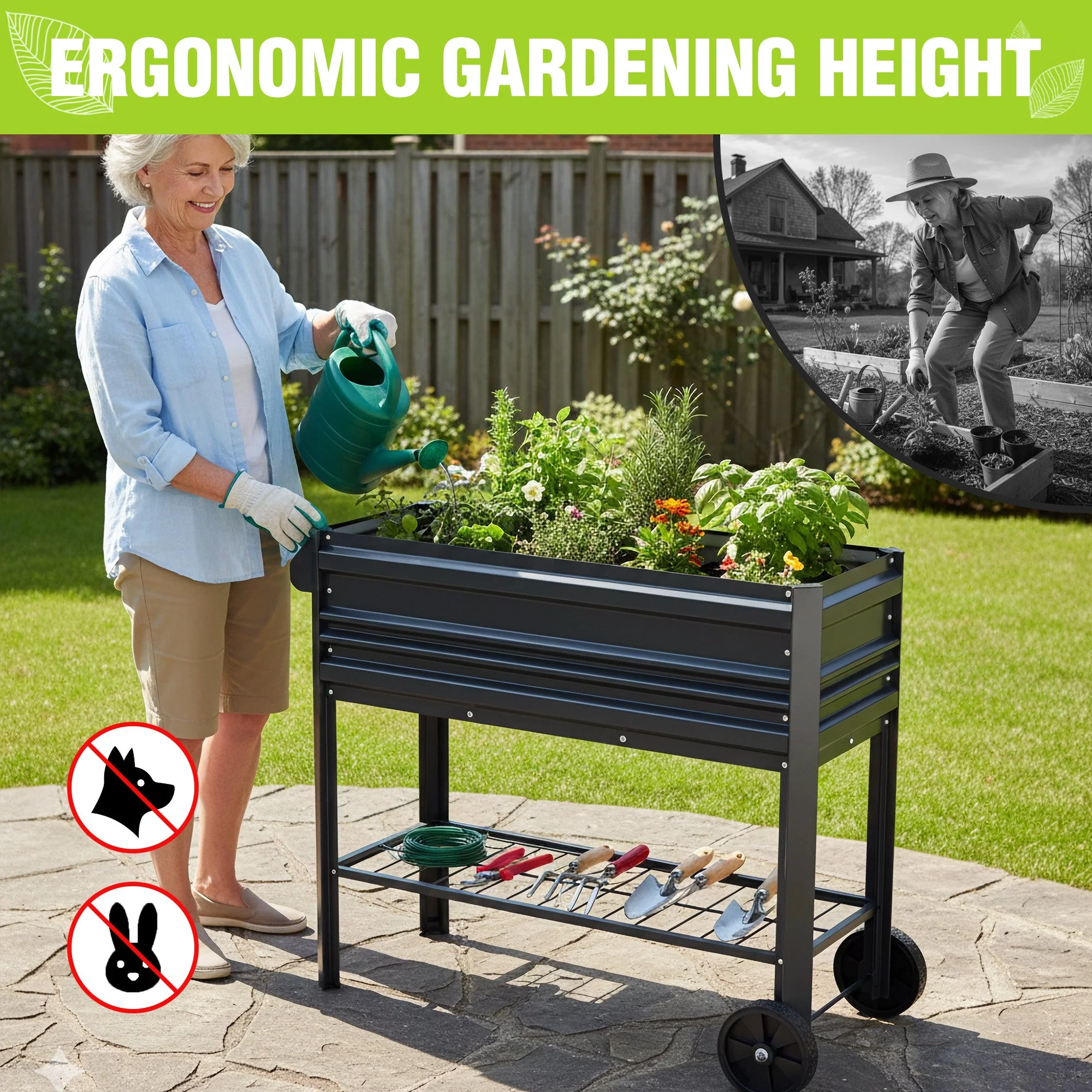 WORKPRO 37in Outdoor Galvanized Raised Garden Bed with Legs and Wheels, Black - Image 3