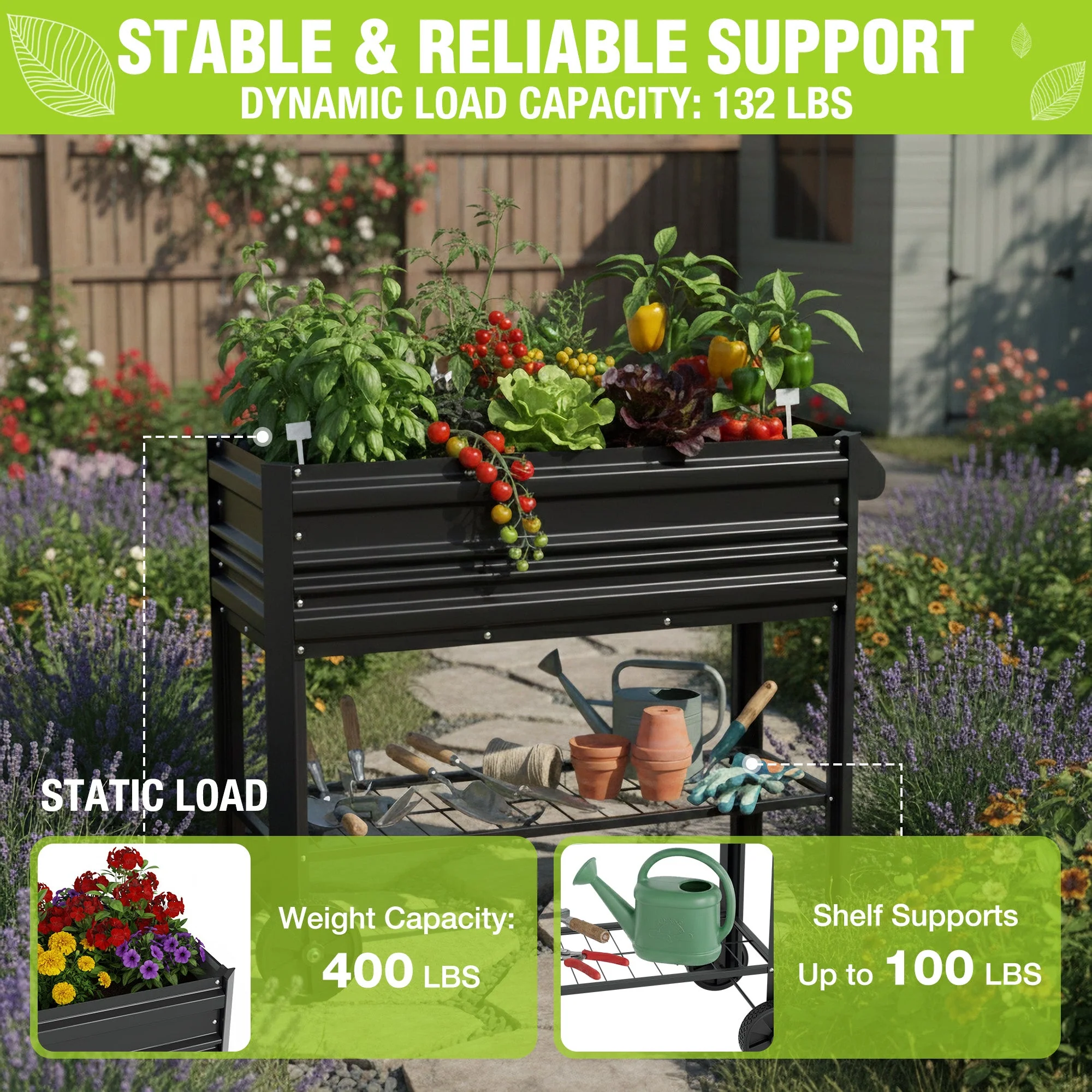 WORKPRO 37in Outdoor Galvanized Raised Garden Bed with Legs and Wheels, Black - Image 4