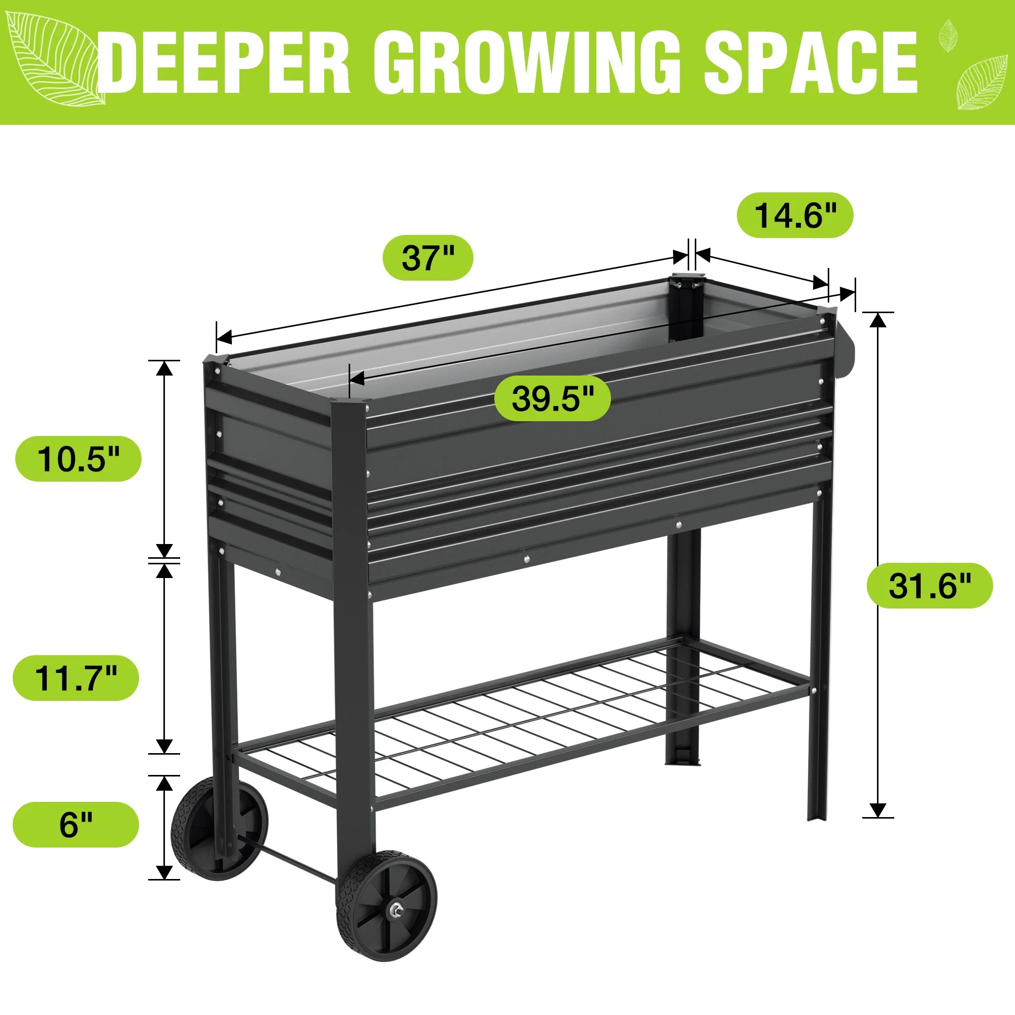 WORKPRO 37in Outdoor Galvanized Raised Garden Bed with Legs and Wheels, Black - Image 7
