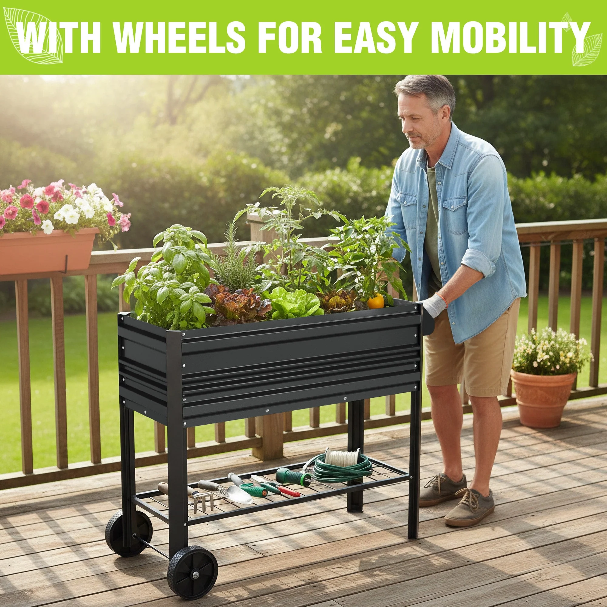WORKPRO 37in Outdoor Galvanized Raised Garden Bed with Legs and Wheels, Black - Image 8