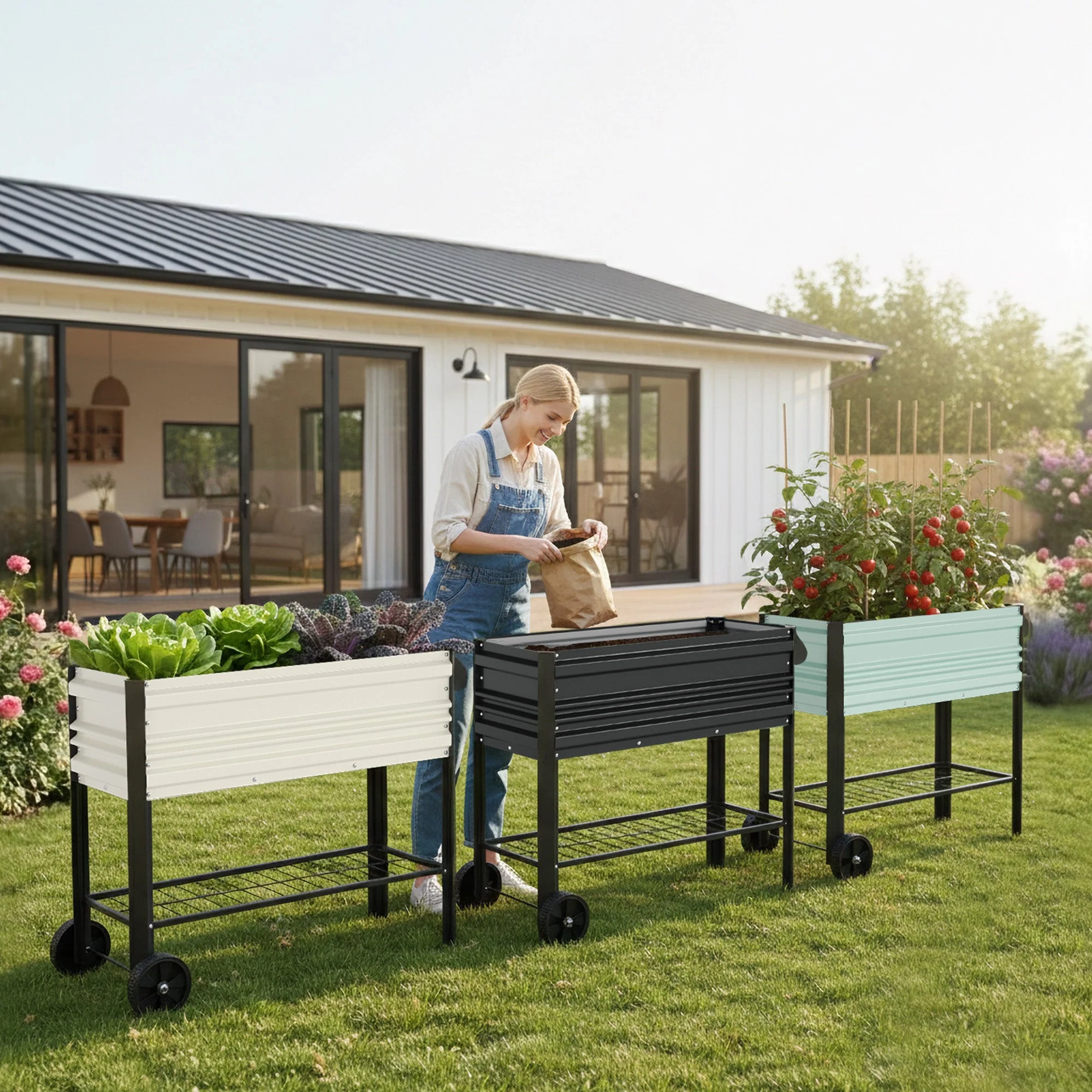 WORKPRO 37in Outdoor Galvanized Raised Garden Bed with Legs and Wheels, Black - Image 9