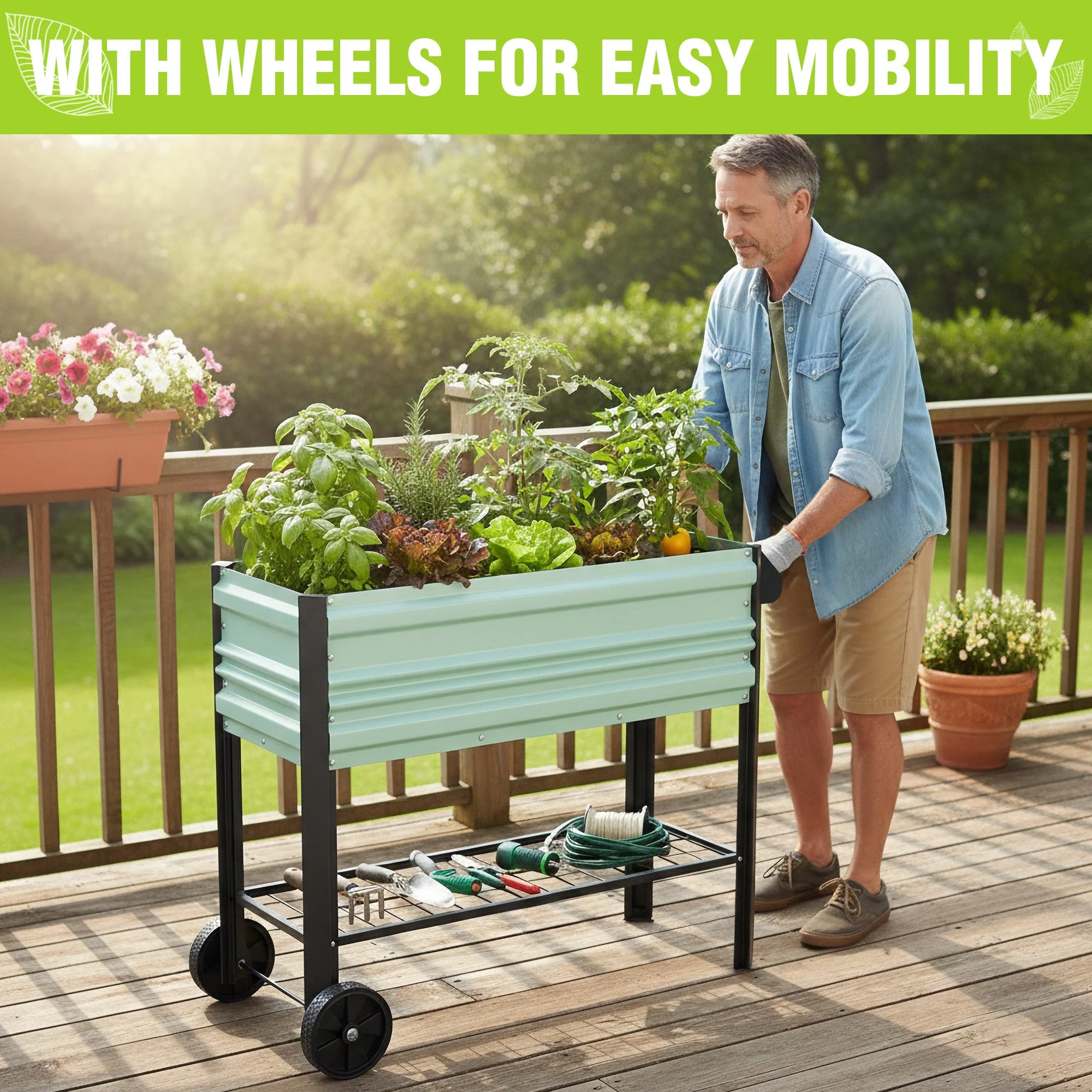 WORKPRO 37in Outdoor Galvanized Raised Garden Bed with Legs and Wheels, Green - Image 8