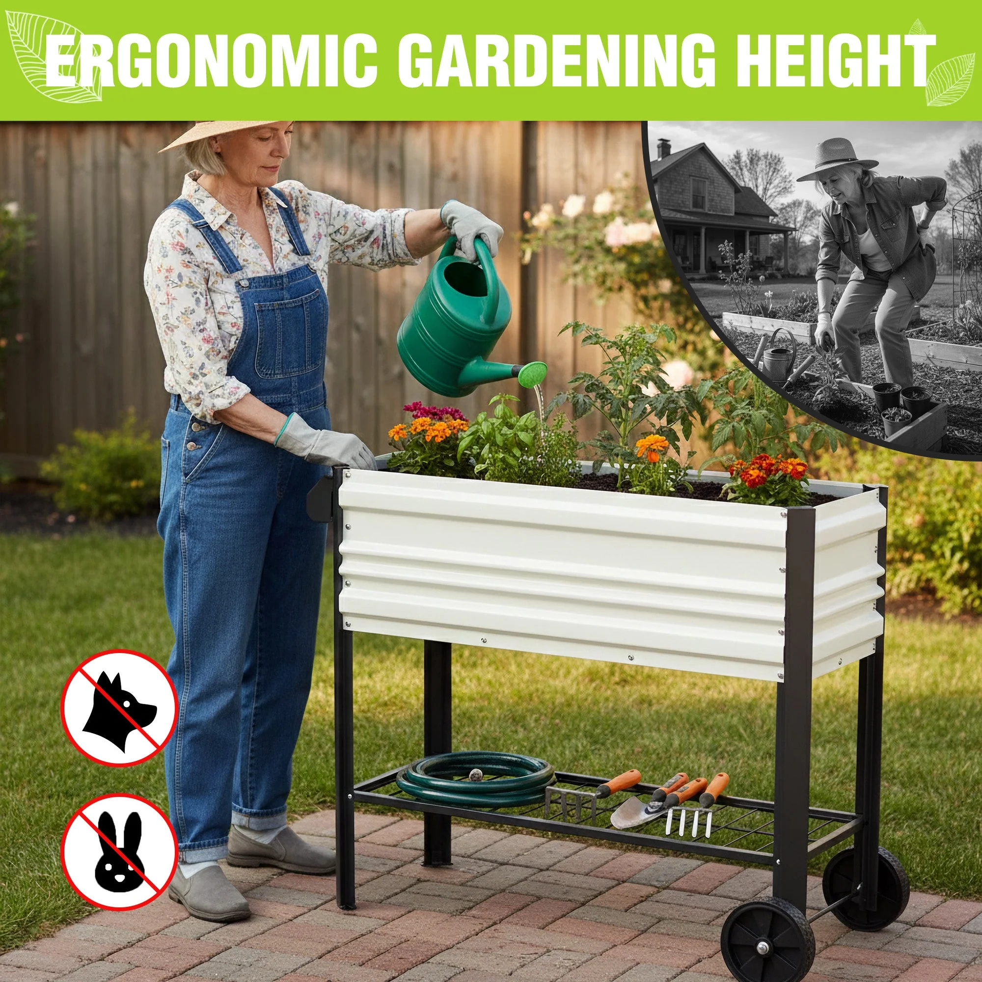 WORKPRO 37in Outdoor Galvanized Raised Garden Bed with Legs and Wheels, White - Image 5
