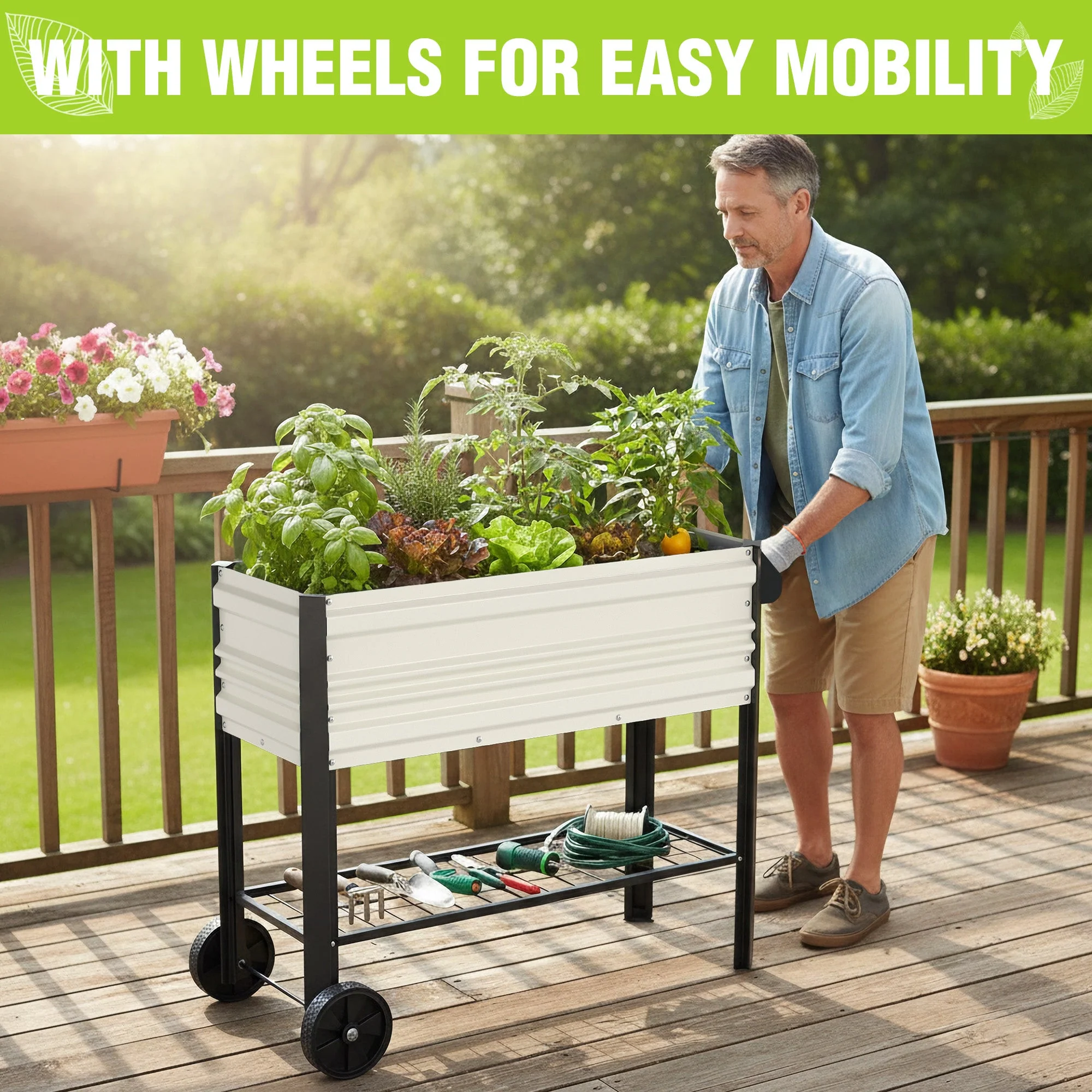 WORKPRO 37in Outdoor Galvanized Raised Garden Bed with Legs and Wheels, White - Image 8
