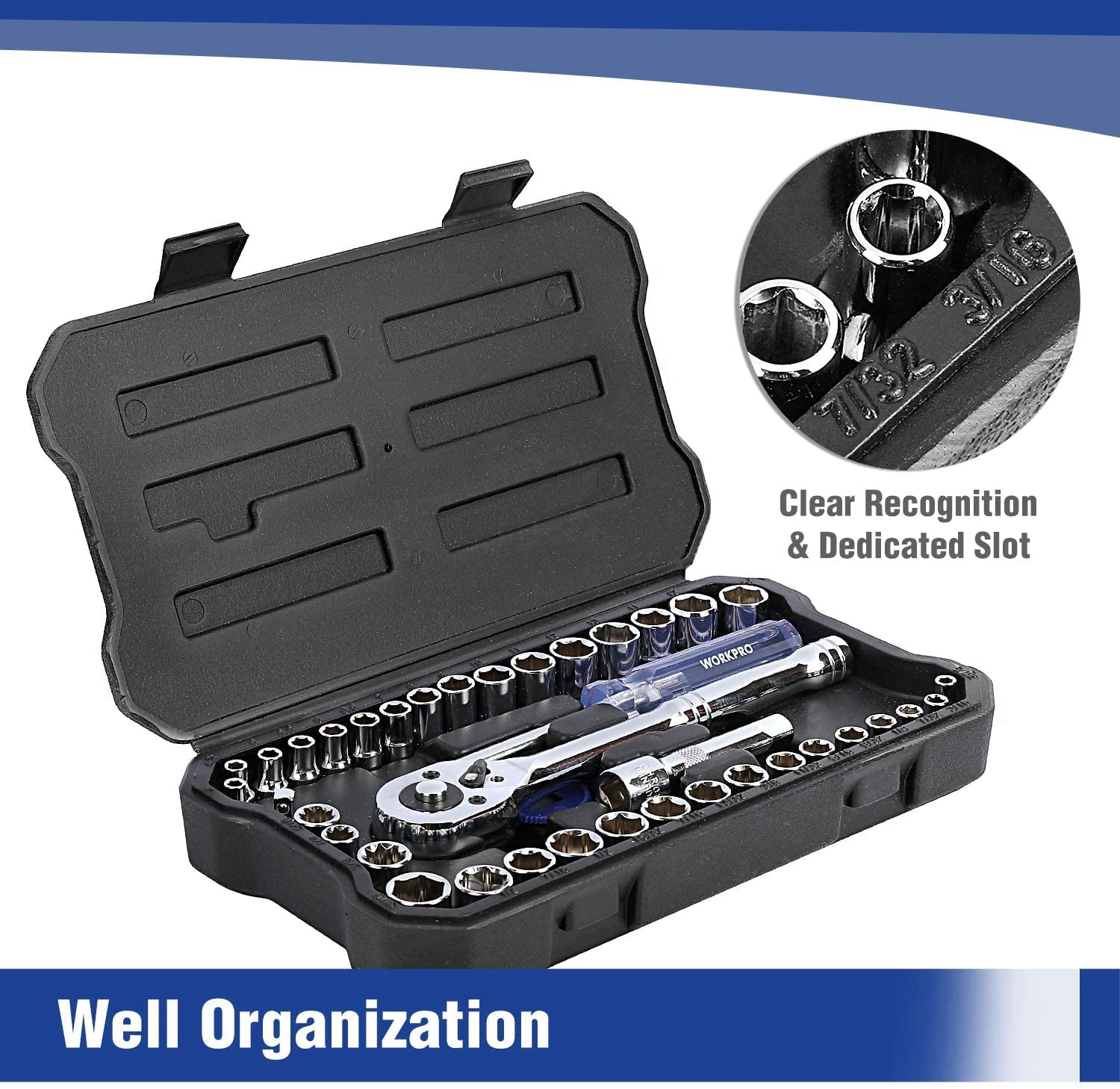 WORKPRO 39 Pcs Drive Socket Wrench Mechanics Tool Set with Tool Box Metric and SAE - Image 3