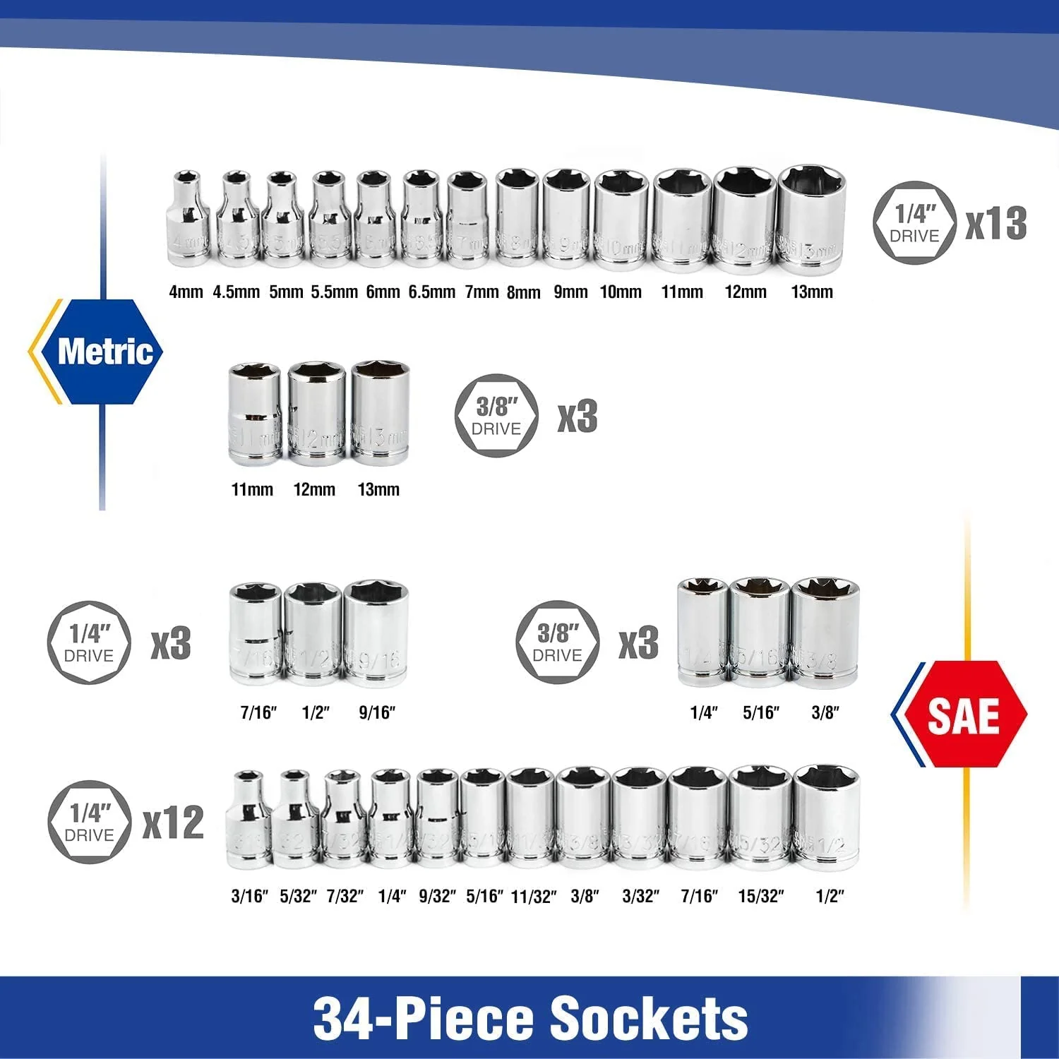 WORKPRO 39 Pcs Drive Socket Wrench Mechanics Tool Set with Tool Box Metric and SAE - Image 4