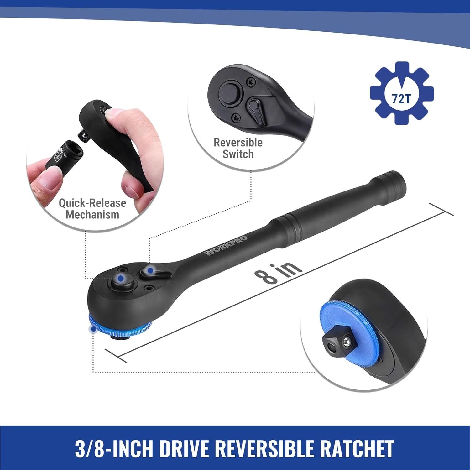 WORKPRO 39PC Drive Socket Wrench Set, 1/4'' & 3/8'' Sockets Kit, 3/8" Ratchet, Extension Bar, Spinner Handle & Adapter, Premium Black Phosphate Finish Mechanics Tool Set with Tool Box, Metric & SAE - Image 4