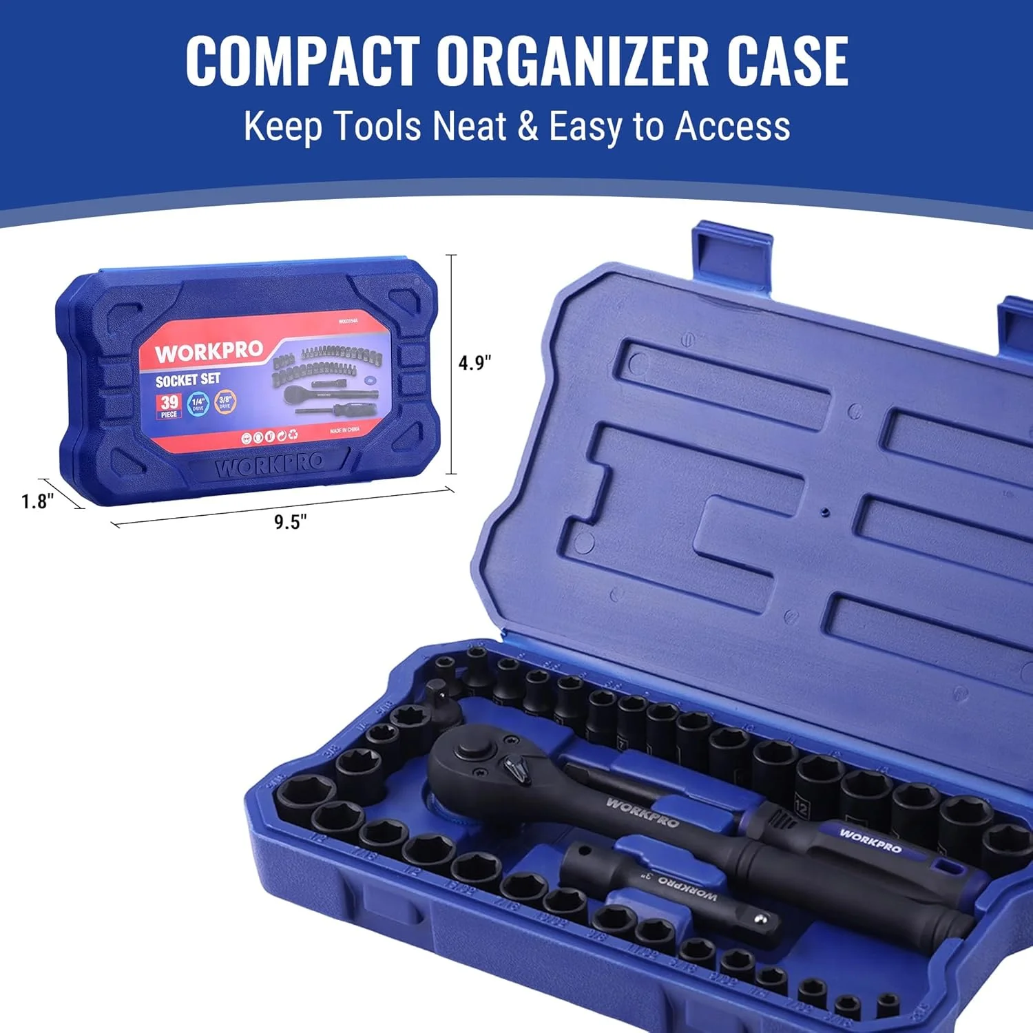 WORKPRO 39PC Drive Socket Wrench Set, 1/4'' & 3/8'' Sockets Kit, 3/8" Ratchet, Extension Bar, Spinner Handle & Adapter, Premium Black Phosphate Finish Mechanics Tool Set with Tool Box, Metric & SAE - Image 7