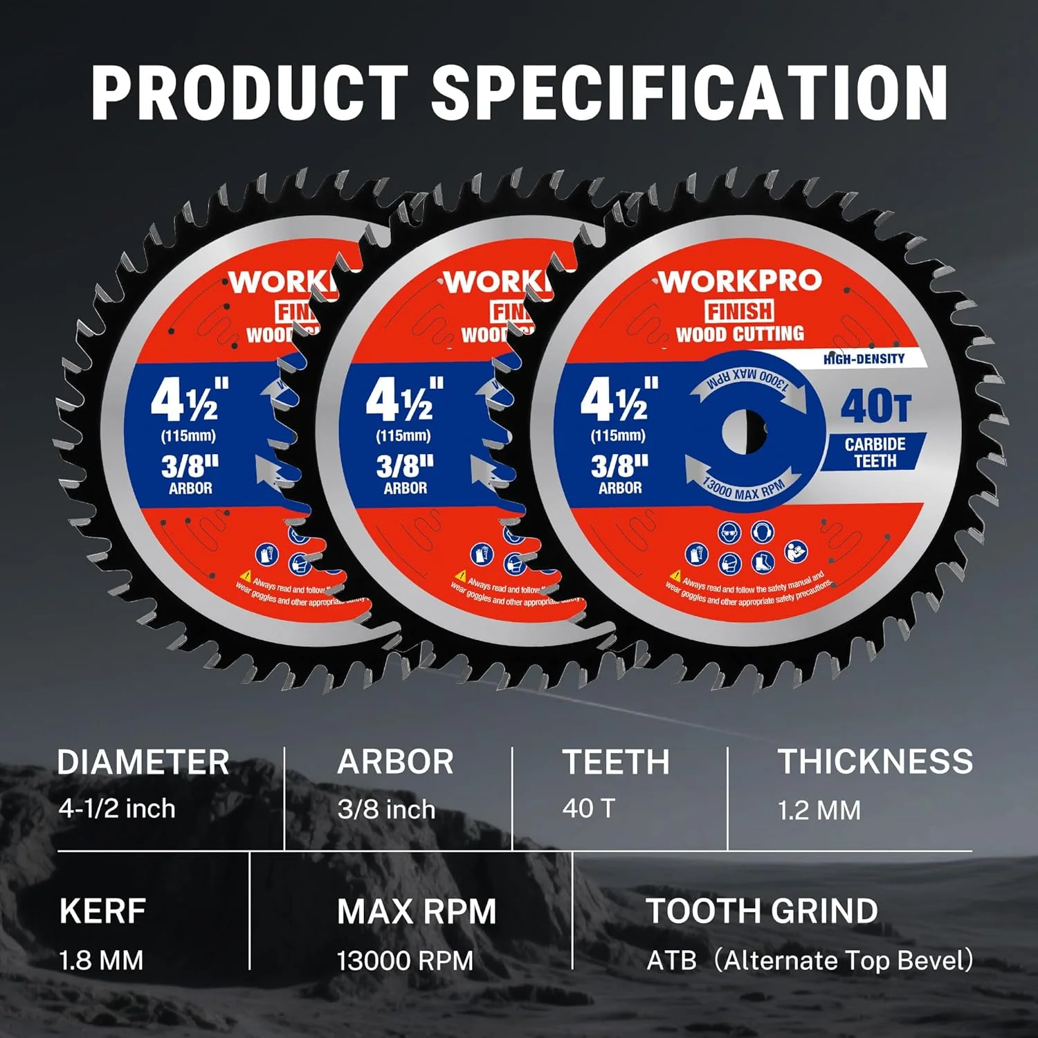 WORKPRO 4-1/2 Inch Woodworking Circular Saw Blade, 40T General Purpose Wood Cutting, Thin Kerf, Carbide Tipped, ATB Tooth, 3-Pack - Image 3