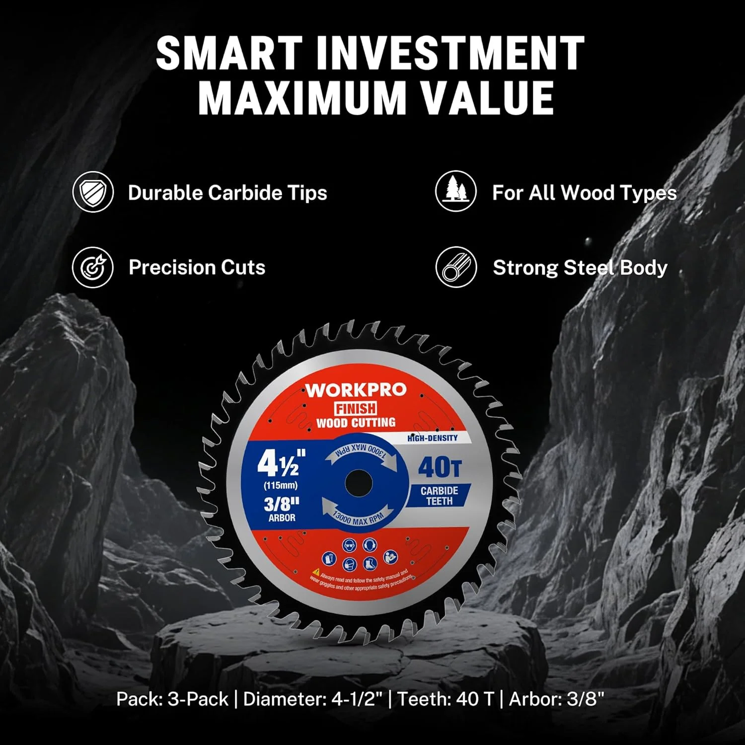 WORKPRO 4-1/2 Inch Woodworking Circular Saw Blade, 40T General Purpose Wood Cutting, Thin Kerf, Carbide Tipped, ATB Tooth, 3-Pack - Image 9