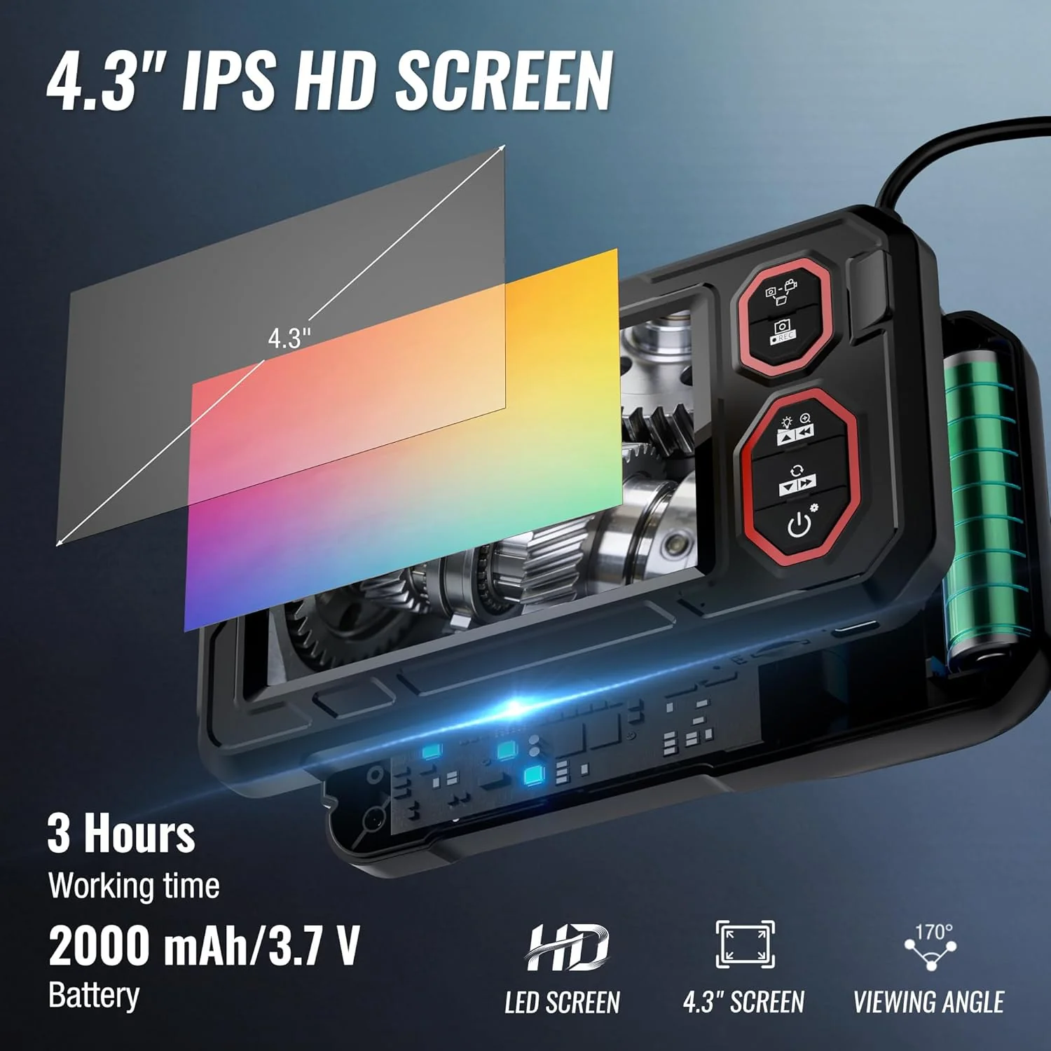 WORKPRO 4.3-Inch Rechargeable Industrial Endoscope Camera, IP67 Waterproof 1920P HD Dual Lens Borescope with 9 Adjustable LEDs, Inspection Camera with 16.4 ft Semi Rigid Cable - Image 2