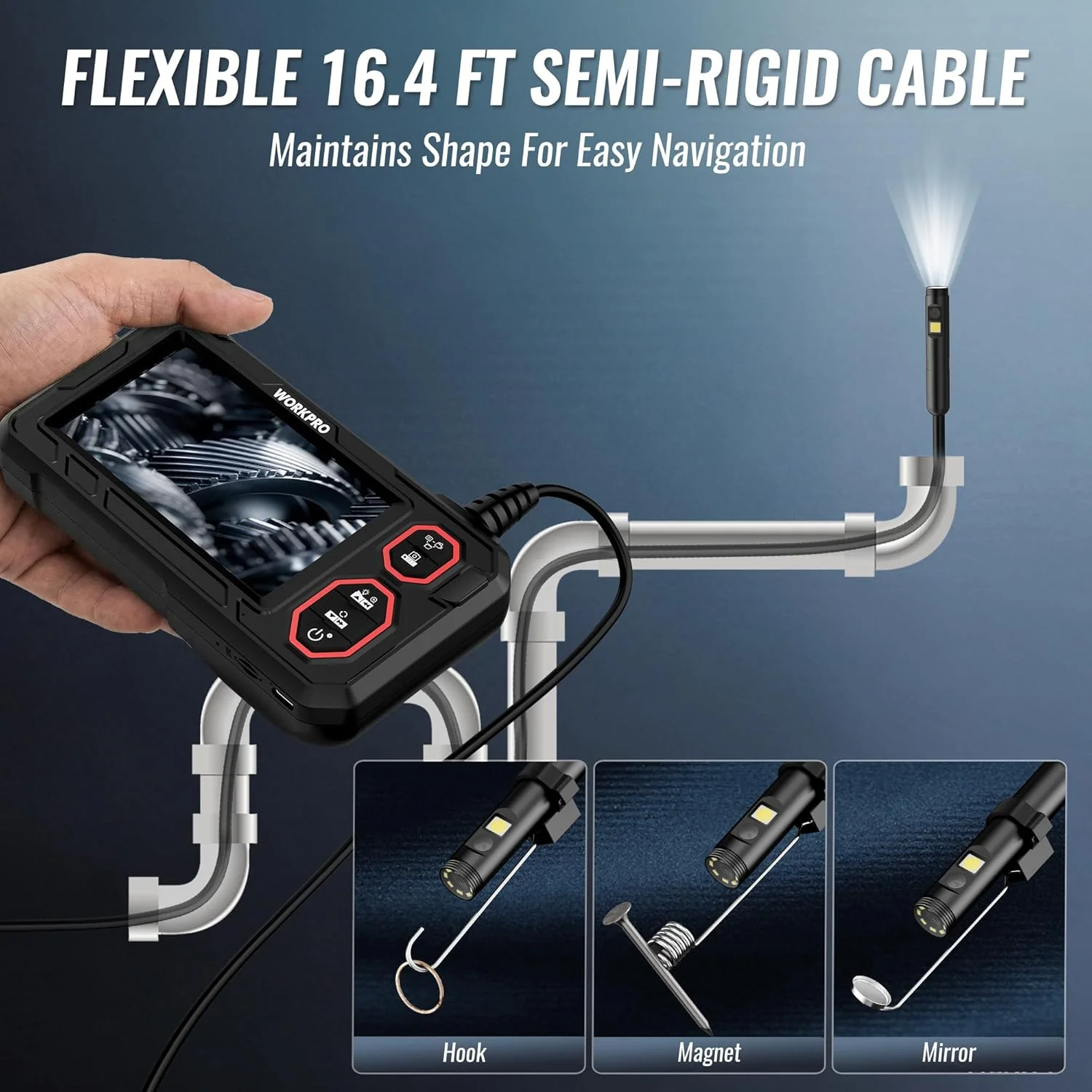 WORKPRO 4.3-Inch Rechargeable Industrial Endoscope Camera, IP67 Waterproof 1920P HD Dual Lens Borescope with 9 Adjustable LEDs, Inspection Camera with 16.4 ft Semi Rigid Cable - Image 5