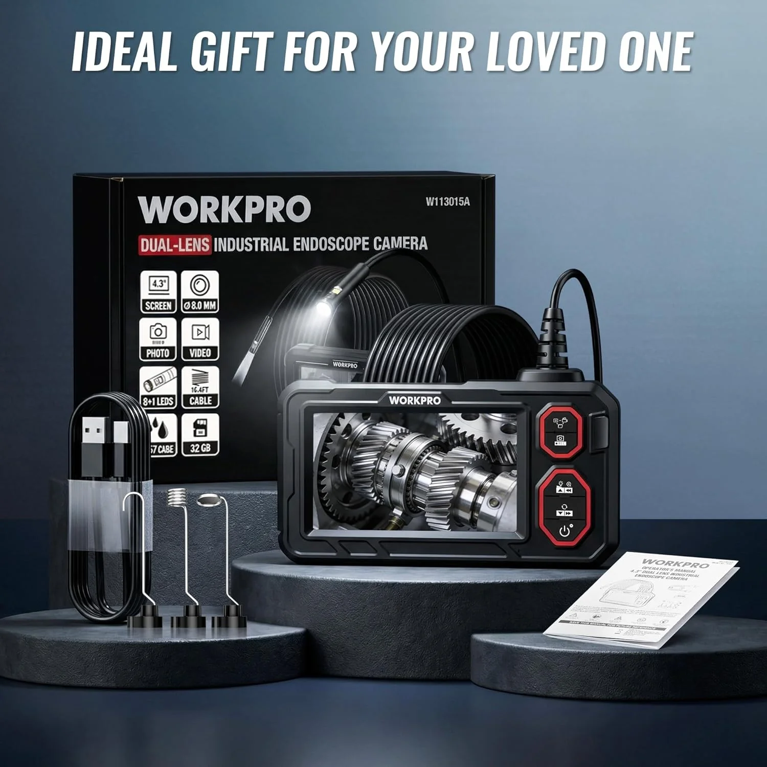 WORKPRO 4.3-Inch Rechargeable Industrial Endoscope Camera, IP67 Waterproof 1920P HD Dual Lens Borescope with 9 Adjustable LEDs, Inspection Camera with 16.4 ft Semi Rigid Cable - Image 8