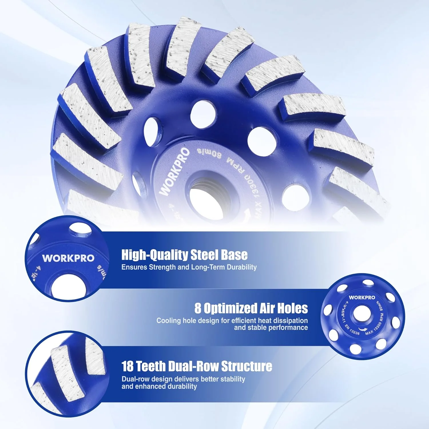 WORKPRO 4.5Inch Diamond Cup Wheel Cold Pressed Segmented Spiral Turbo Grinding Disc with 5/8-11 Thread for Angle Grinder, EN13236 Certified Concrete Grinding Wheel for Stone, Masonry, Surface Leveling - Image 3
