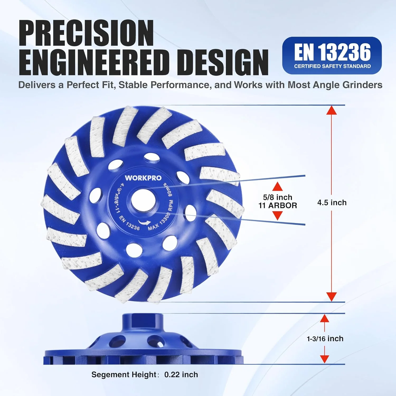 WORKPRO 4.5Inch Diamond Cup Wheel Cold Pressed Segmented Spiral Turbo Grinding Disc with 5/8-11 Thread for Angle Grinder, EN13236 Certified Concrete Grinding Wheel for Stone, Masonry, Surface Leveling - Image 4