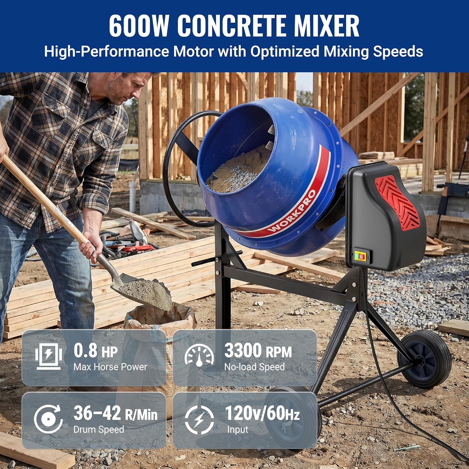 WORKPRO 4.6 Cu.Ft. Electric Cement Mixer, 600W 0.8HP Portable Concrete Mixer with Wheels & Stand Steel for Stucco, Mortar & Seeds - Image 2