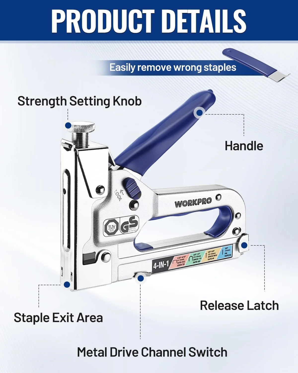 WORKPRO 4-in-1 Staple Gun, Manual Brad Nailer with 2000 Counts Staples, Upholstery Stapler Nail Gun for Fixing Material, Decoration, Carpentry, Furniture, Doors and Windows - Image 2