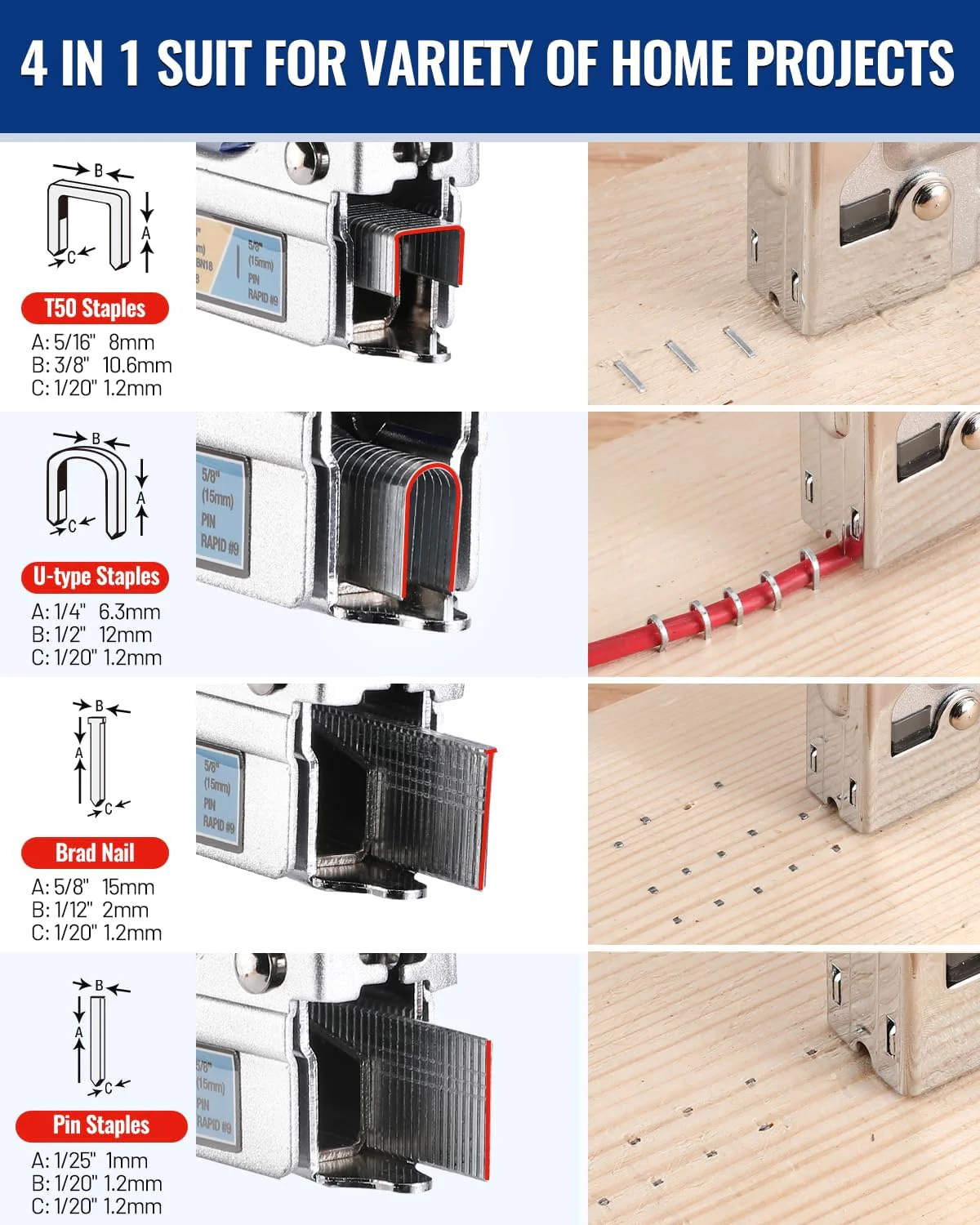 WORKPRO 4-in-1 Staple Gun, Manual Brad Nailer with 2000 Counts Staples, Upholstery Stapler Nail Gun for Fixing Material, Decoration, Carpentry, Furniture, Doors and Windows - Image 4
