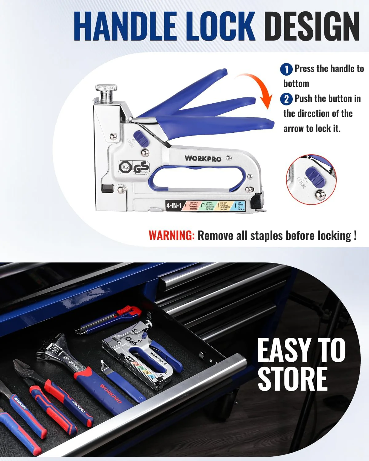 WORKPRO 4-in-1 Staple Gun, Manual Brad Nailer with 2000 Counts Staples, Upholstery Stapler Nail Gun for Fixing Material, Decoration, Carpentry, Furniture, Doors and Windows - Image 7