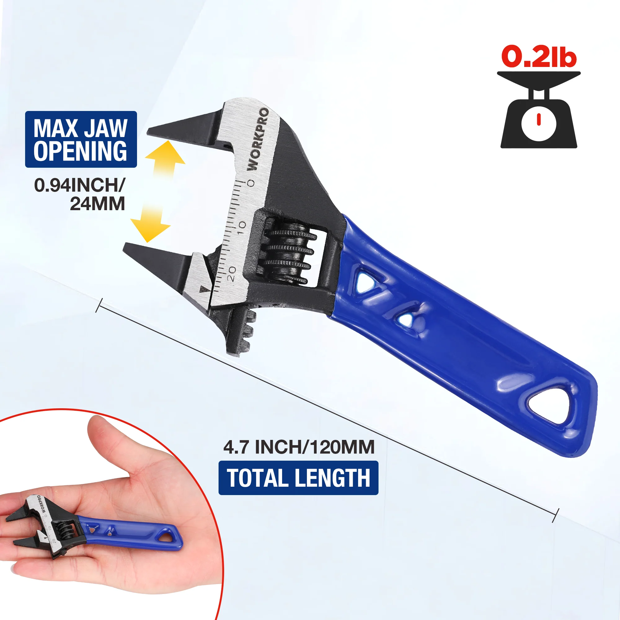 WORKPRO 4-Inch Adjustable Wrench, Wide Jaw Opening, Cr-V Steel, Metric/SAE - Image 2