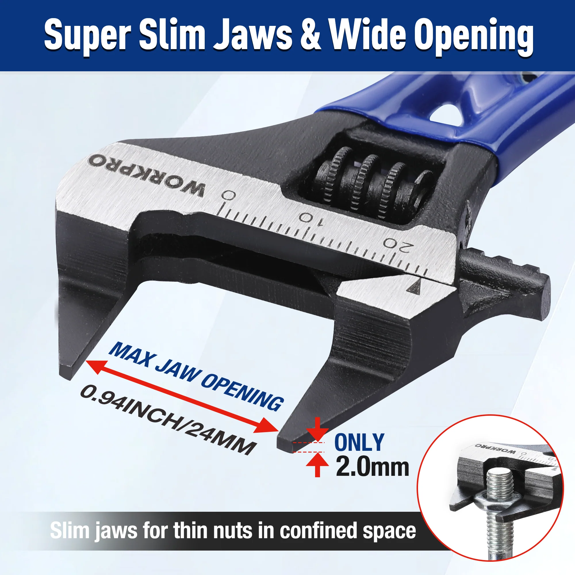 WORKPRO 4-Inch Adjustable Wrench, Wide Jaw Opening, Cr-V Steel, Metric/SAE - Image 3