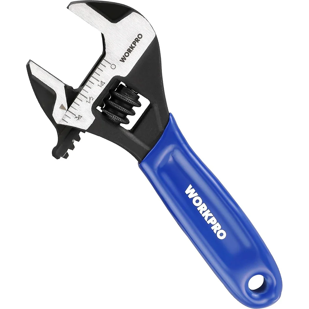 WORKPRO 4-Inch Mini Adjustable Wrench, Cr-V Steel Wide Jaw Black Oxide Wrench for Small Nuts, Metric & SAE Scales, for Home, Workshop and DIY
