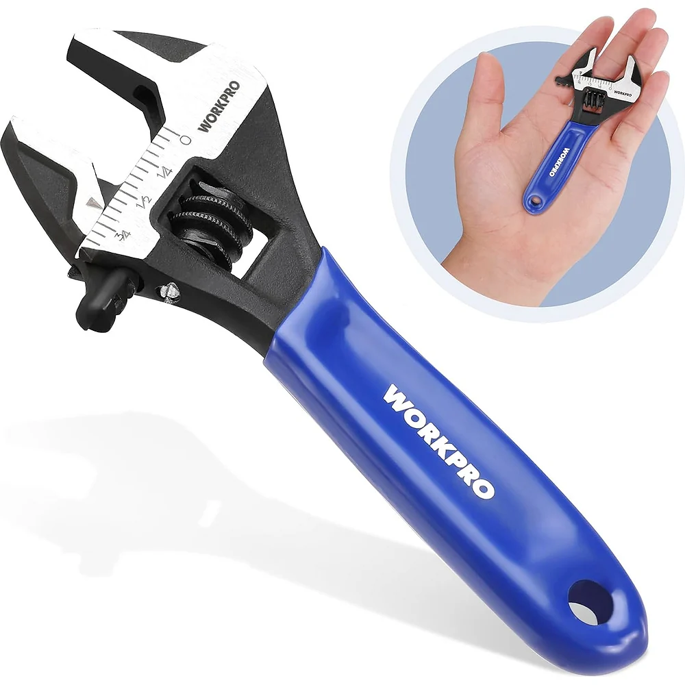 WORKPRO 4-Inch Mini Adjustable Wrench, Cr-V Steel Wide Jaw Black Oxide Wrench for Small Nuts, Metric & SAE Scales, for Home, Workshop and DIY - Image 2