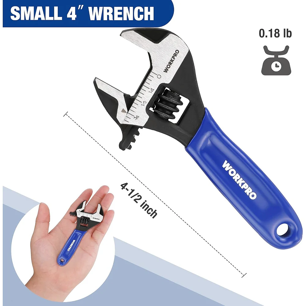 WORKPRO 4-Inch Mini Adjustable Wrench, Cr-V Steel Wide Jaw Black Oxide Wrench for Small Nuts, Metric & SAE Scales, for Home, Workshop and DIY - Image 3
