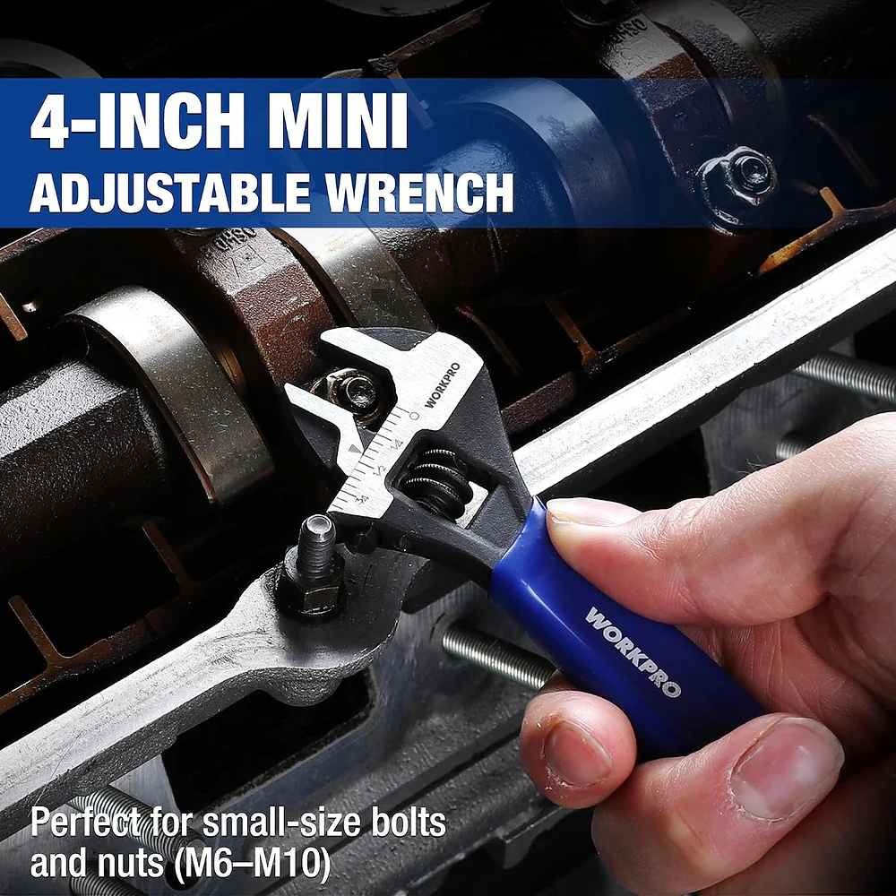 WORKPRO 4-Inch Mini Adjustable Wrench, Cr-V Steel Wide Jaw Black Oxide Wrench for Small Nuts, Metric & SAE Scales, for Home, Workshop and DIY - Image 4