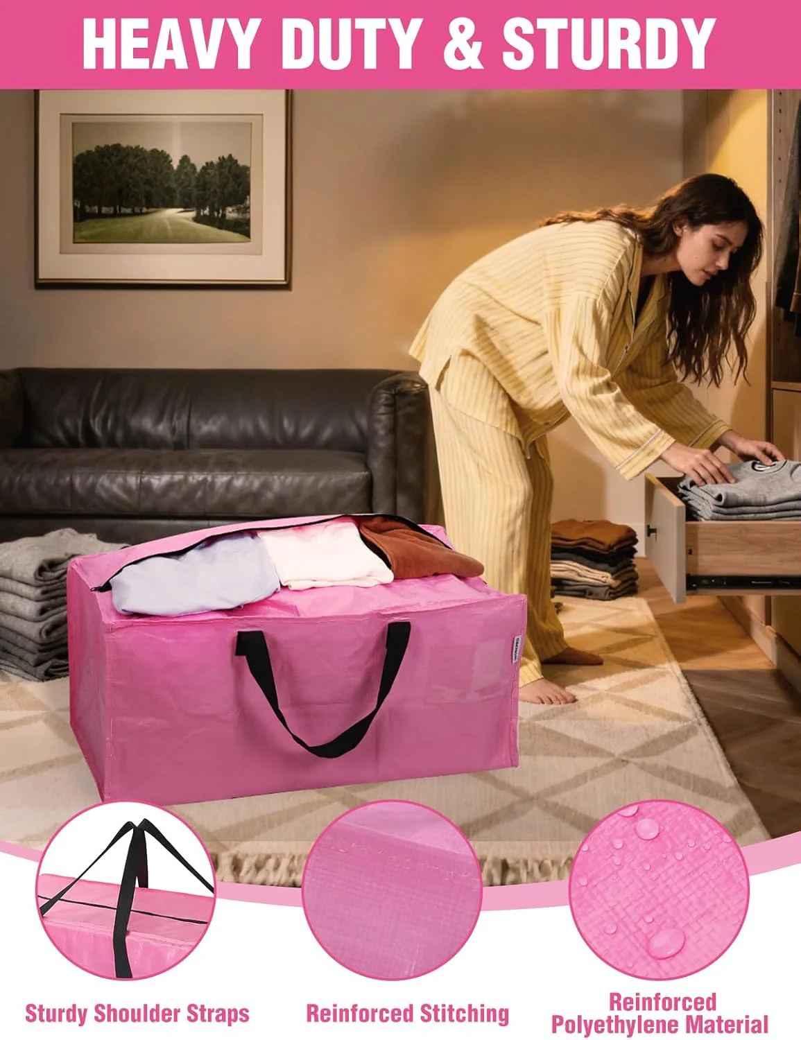 WORKPRO 4 Pack Extra Large Moving Bags with Zippers & Carrying Handles Backpack Straps, Heavy-Duty Storage Tote for Space Saving Moving Storage (Pink) - Image 2