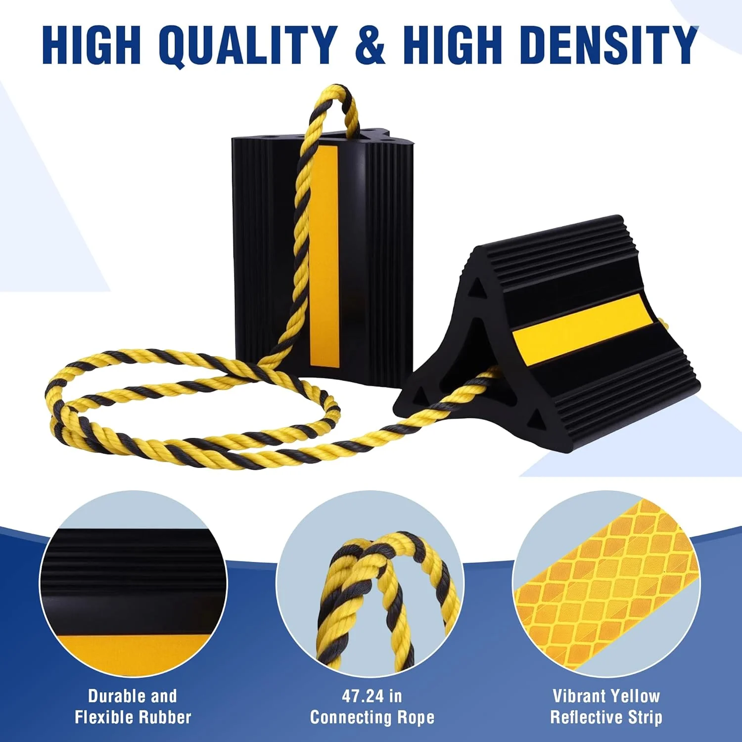 WORKPRO 4-Pack Rubber Wheel Chocks with Rope & 3 Reflective Strips, Heavy Duty Non-Slip Tire Stoppers for Cars, SUVs & Trailers, Rubber Wheel Wedges for Garage & Driveway - Image 2