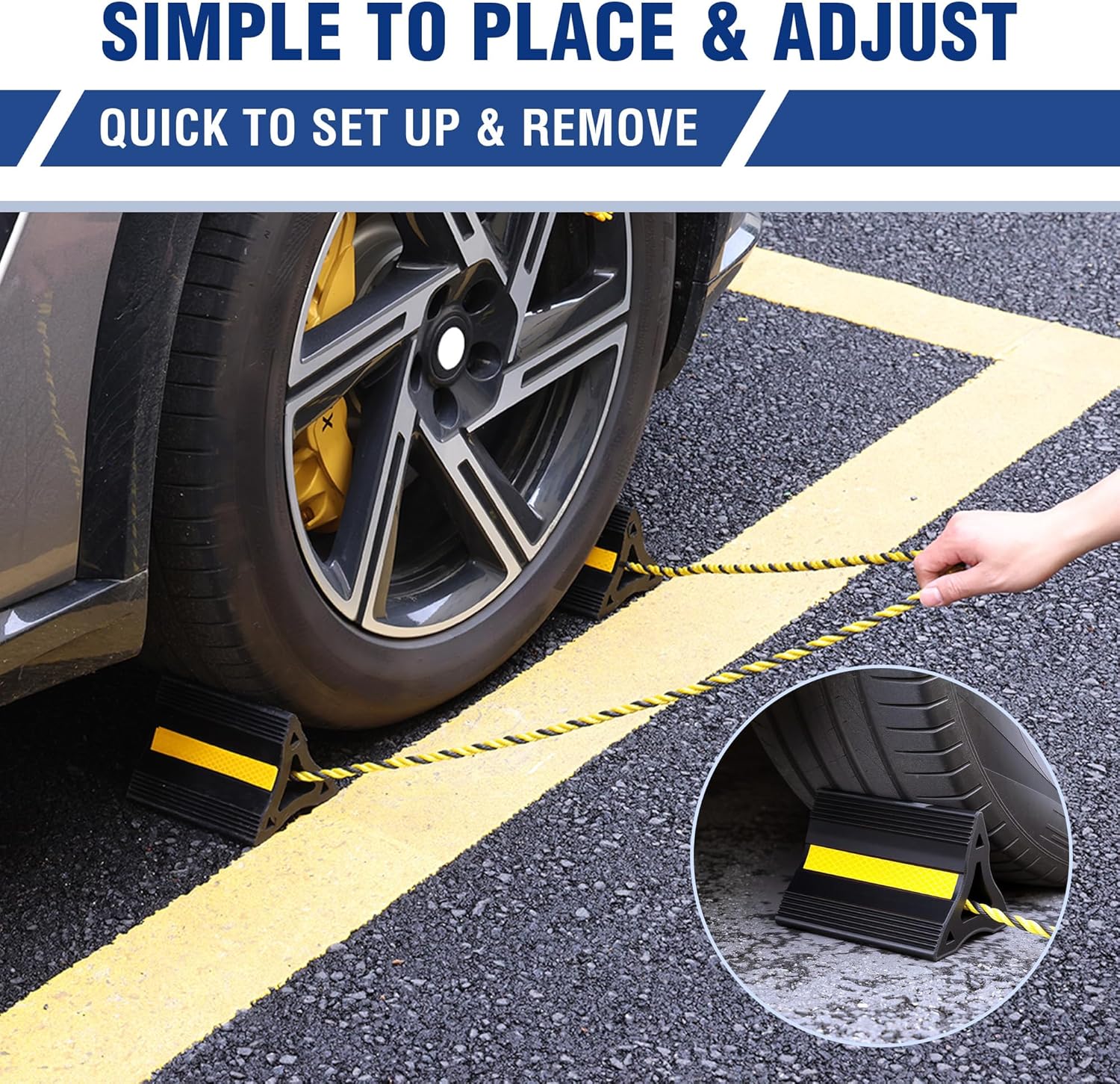 WORKPRO 4-Pack Rubber Wheel Chocks with Rope & 3 Reflective Strips, Heavy Duty Non-Slip Tire Stoppers for Cars, SUVs & Trailers, Rubber Wheel Wedges for Garage & Driveway - Image 4