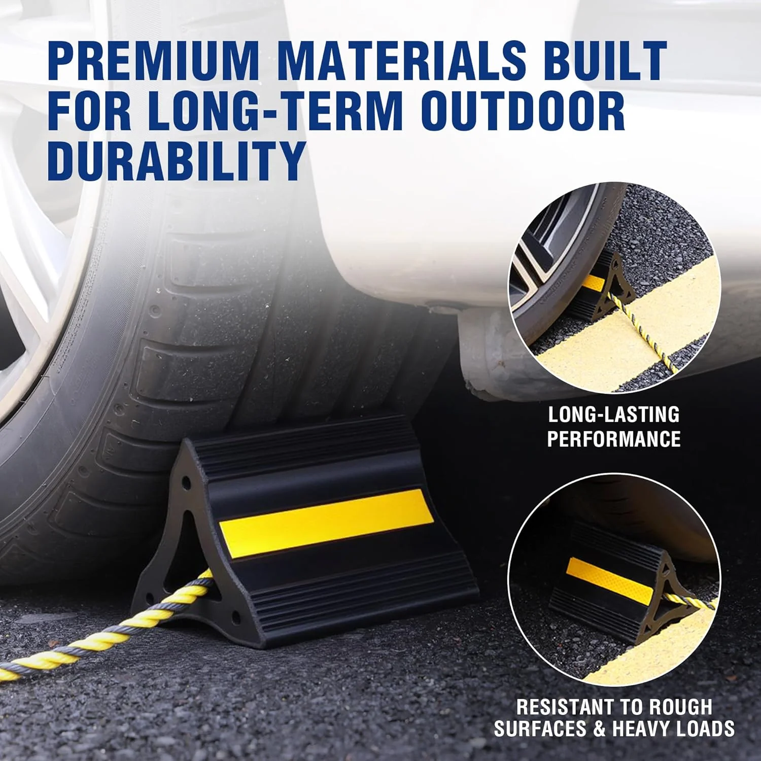 WORKPRO 4-Pack Rubber Wheel Chocks with Rope & 3 Reflective Strips, Heavy Duty Non-Slip Tire Stoppers for Cars, SUVs & Trailers, Rubber Wheel Wedges for Garage & Driveway - Image 5