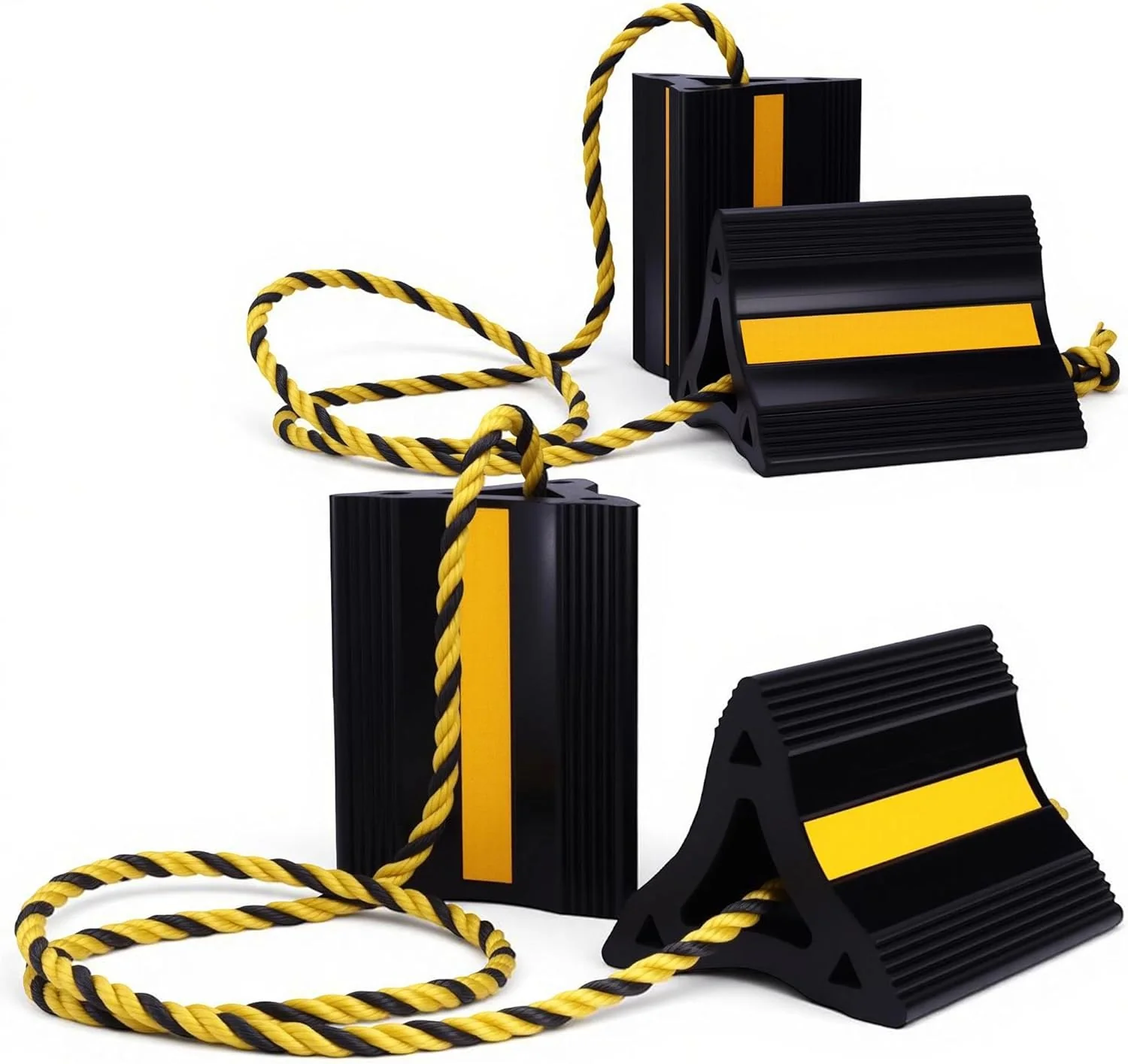 WORKPRO 4-Pack Rubber Wheel Chocks with Rope & 3 Reflective Strips, Heavy Duty Non-Slip Tire Stoppers for Cars, SUVs & Trailers, Rubber Wheel Wedges for Garage & Driveway - Image 8