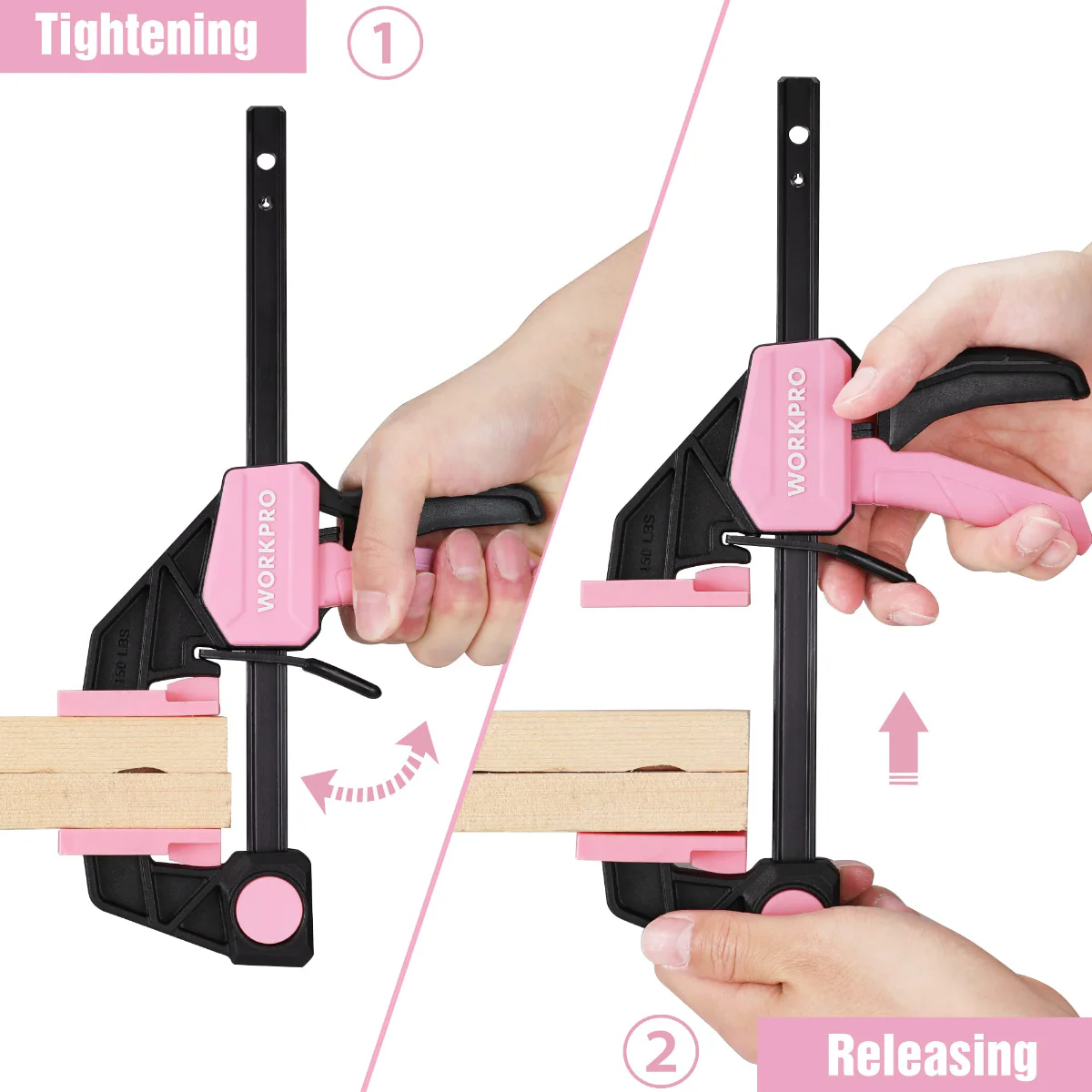 WORKPRO 4-Pcs Mini One-Handed Clamp/Spreader for Woodworking - Pink Ribbon - Image 4