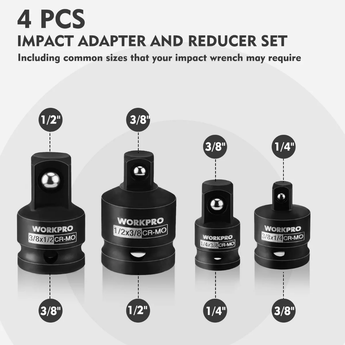 WORKPRO 4 Piece-1/4", 3/8", 1/2" Impact Driver Socket Adapter and Reducer Set, Wrench Conversion Kit - Image 3