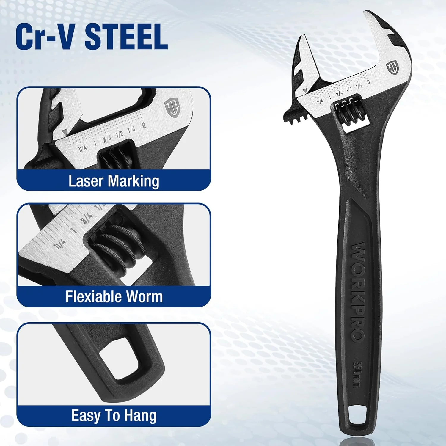 WORKPRO 4-piece Adjustable Wrench Set, 6-inch, 8-inch, 10-inch, 12-inch, Cr-V Steel, Corrosion-Resistant Black Oxide Finish for Automotive Plumbing and Household Repairs - Image 3