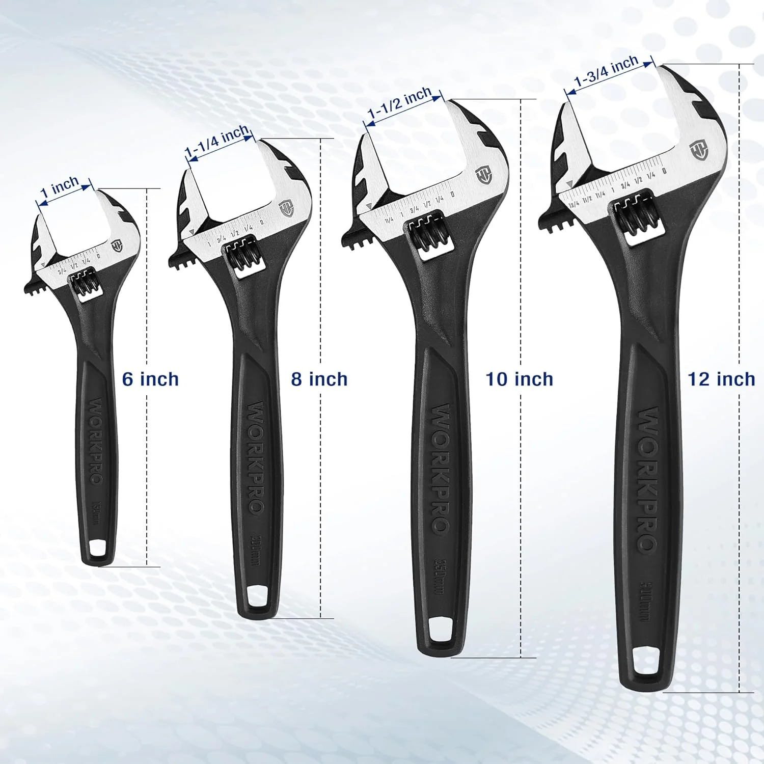 WORKPRO 4-piece Adjustable Wrench Set, 6-inch, 8-inch, 10-inch, 12-inch, Cr-V Steel, Corrosion-Resistant Black Oxide Finish for Automotive Plumbing and Household Repairs - Image 7