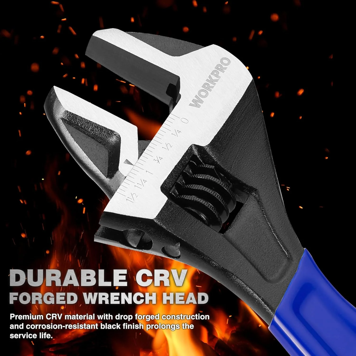 WORKPRO 4-piece Adjustable Wrench Set, 6-Inch & 8-Inch & 10-Inch & 12-Inch Wrenches, Wide Jaw Black Oxide Wrench, Metric & SAE Scales, Cr-V Steel, for Home, Garage, Workshop - Image 3
