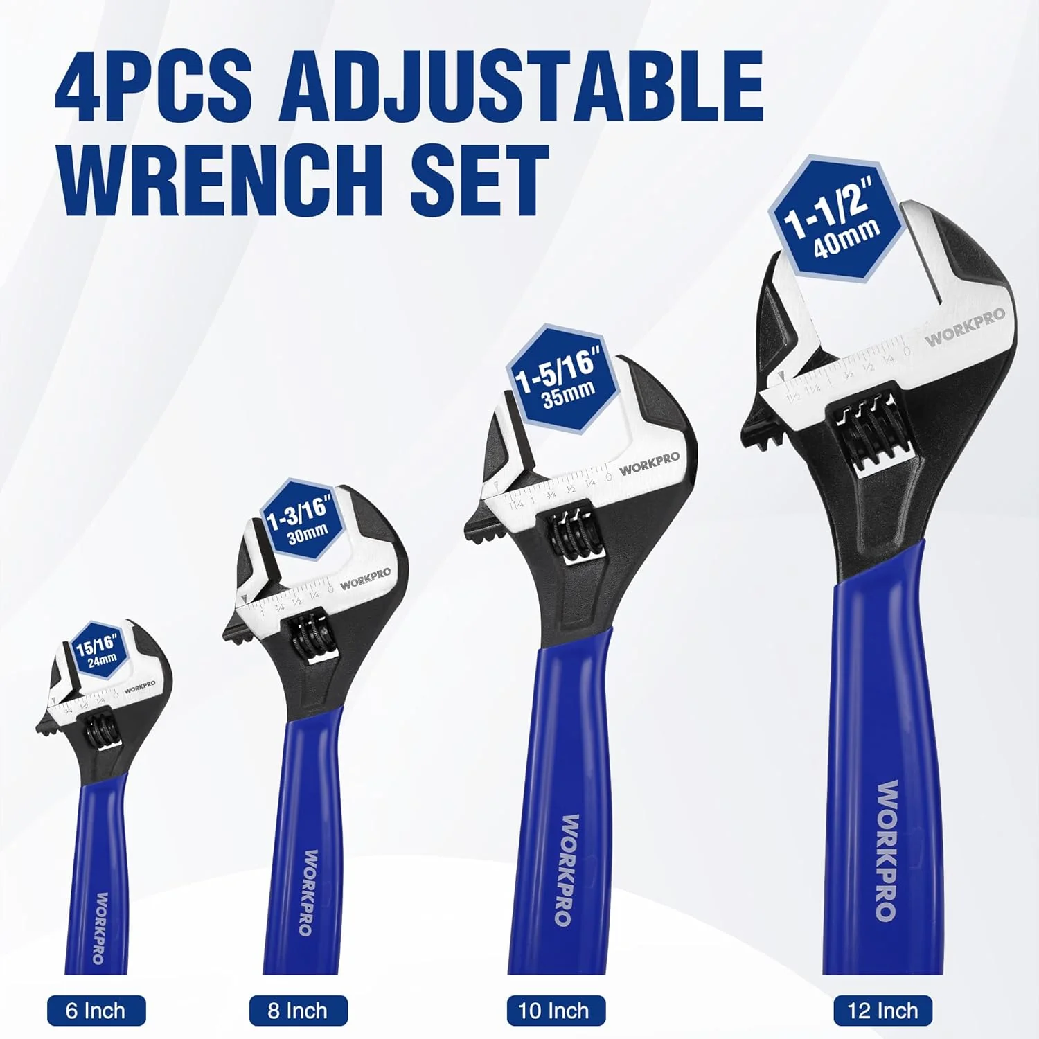 WORKPRO 4-piece Adjustable Wrench Set, 6-Inch & 8-Inch & 10-Inch & 12-Inch Wrenches, Wide Jaw Black Oxide Wrench, Metric & SAE Scales, Cr-V Steel, for Home, Garage, Workshop - Image 5