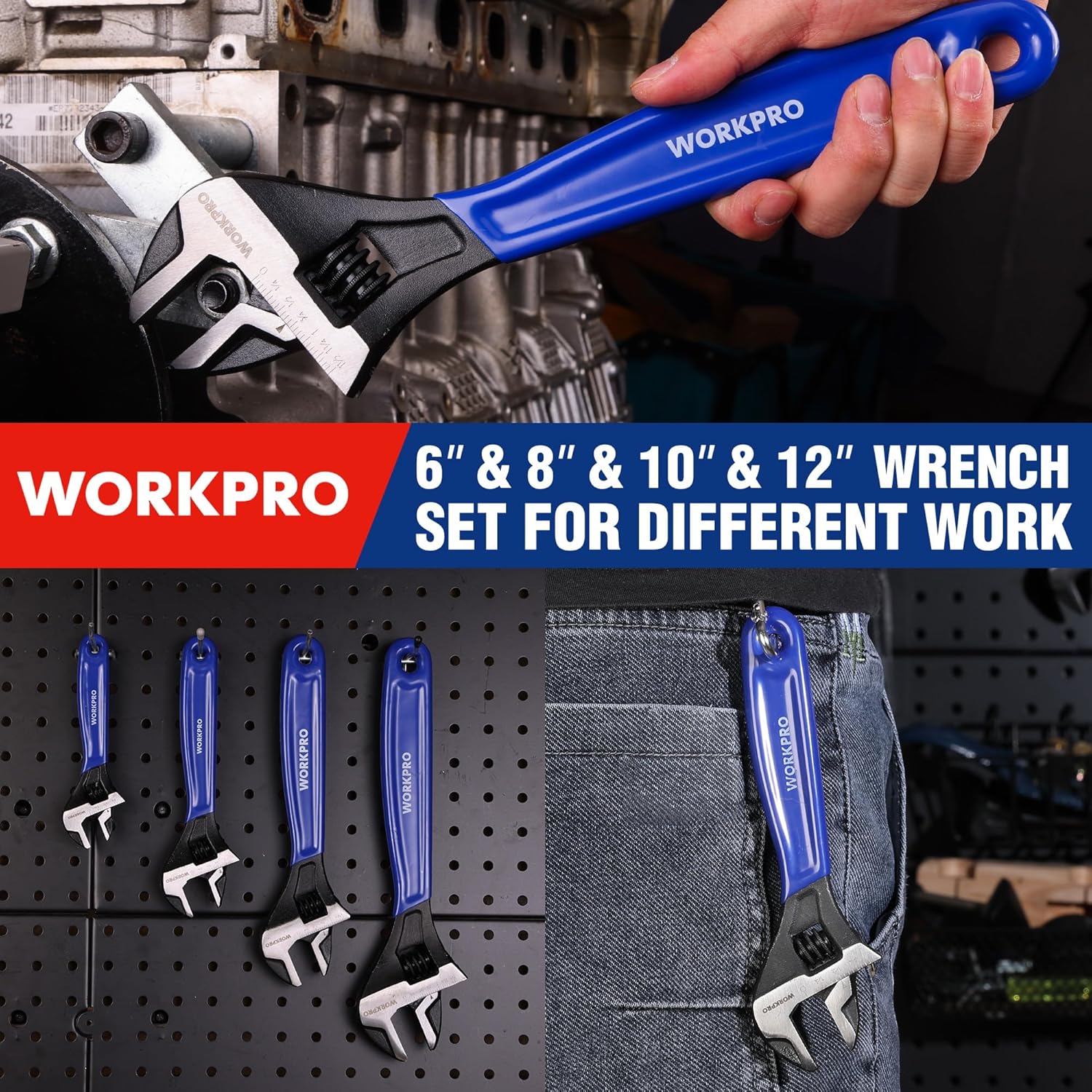 WORKPRO 4-piece Adjustable Wrench Set, 6-Inch & 8-Inch & 10-Inch & 12-Inch Wrenches, Wide Jaw Black Oxide Wrench, Metric & SAE Scales, Cr-V Steel, for Home, Garage, Workshop - Image 7
