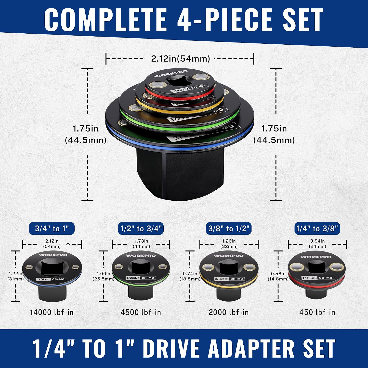 WORKPRO 4-Piece Low Profile Impact Socket Adapter Set | Magnetic Stubby Socket Adapter Set, 3/8" to 1/2", 1/2" to 3/4", 1/4" to 3/8", 3/4" to 1", CR-MO Steel, for Tight Spaces - Image 2
