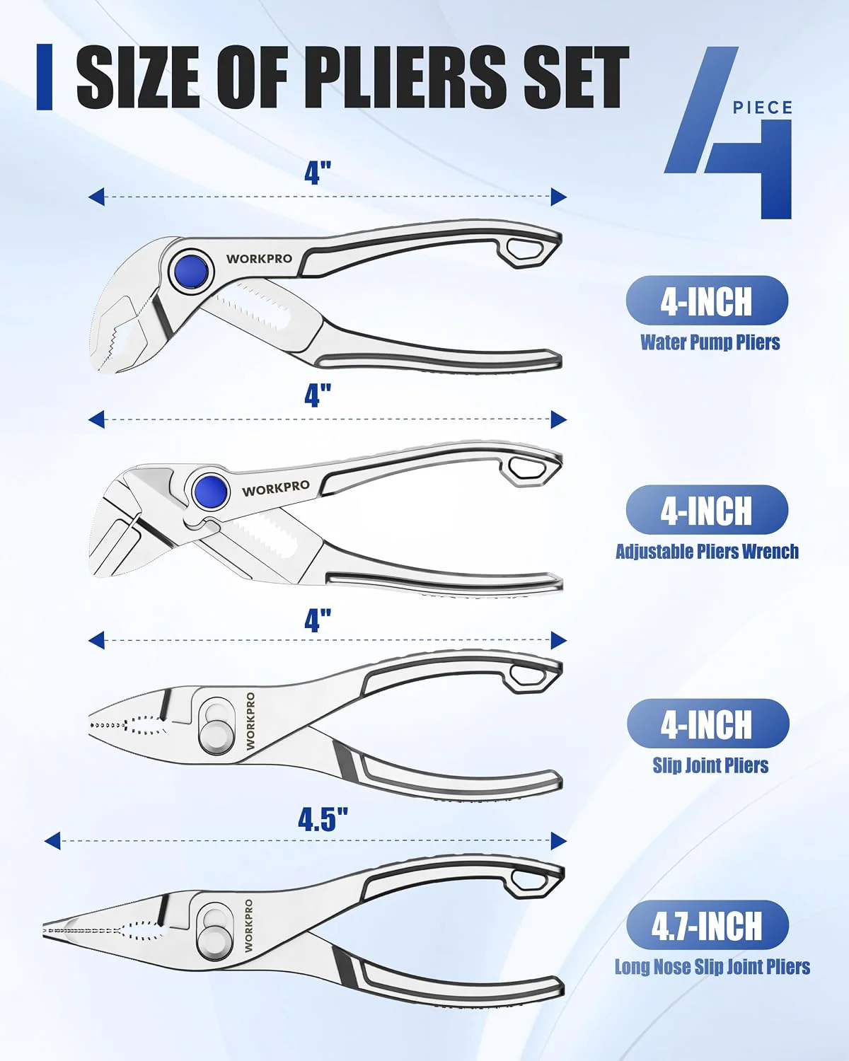 WORKPRO 4-Piece Mini Pliers Set with Pouch, Includes 4-Inch Plier Wrench & Slip Joint & Water Pump Pliers & 4.5-Inch Long Nose Slip Joint Plier, Adjustable Pliers/Pocket Plier/EDC Tool Gift for Man - Image 3