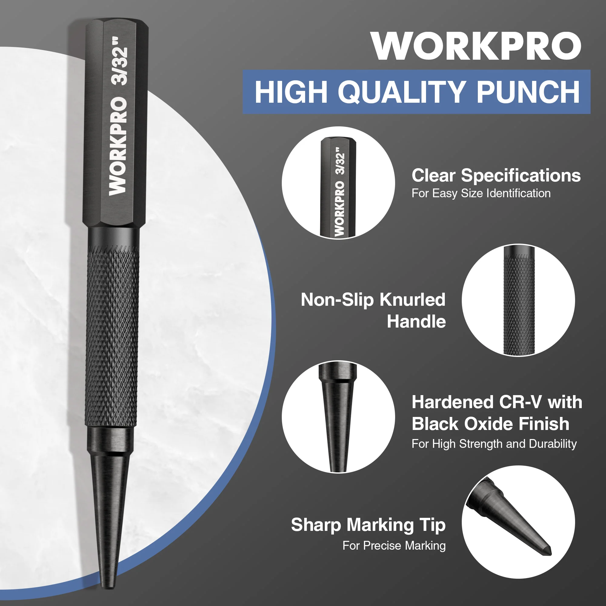 WORKPRO 4-Piece Nail Punch and Center Punch Set, 1/32", 1/16", 3/32" Nail Setter & 1/32" Center Punch Tool - Image 3