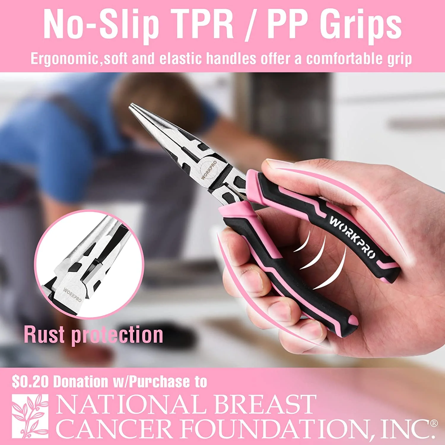 WORKPRO Pink 4 Pcs Pliers Set - Pink Ribbon - Image 3