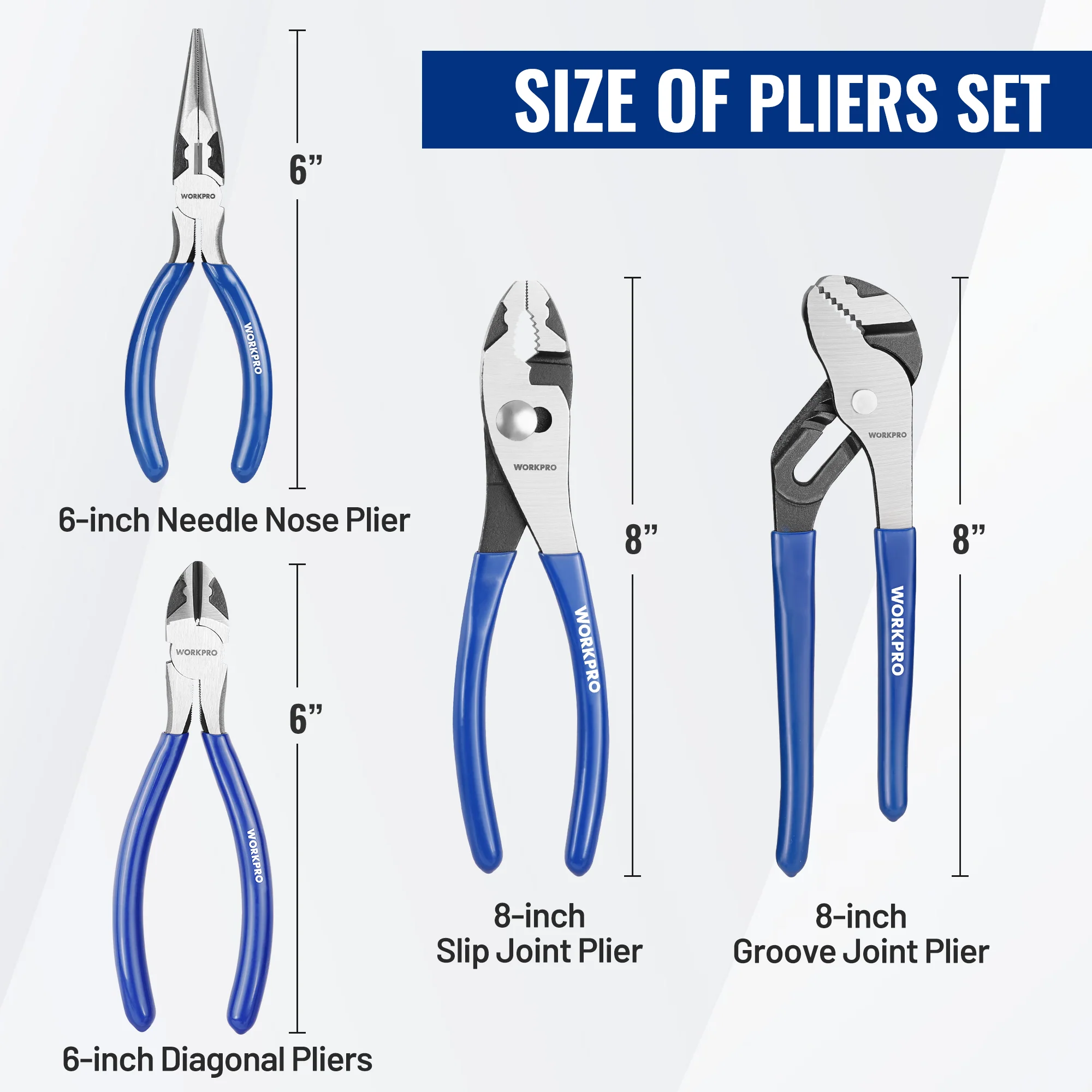 WORKPRO 4-Piece Pliers Tool Kit with Soft Handle Includes 6”Needle Plier,6”Diagonal Plier,8”Slip Joint Plier,8”Groove Plier,for Home Repairing,Plumbing,Electronic Devices & Making Crafts - Image 3